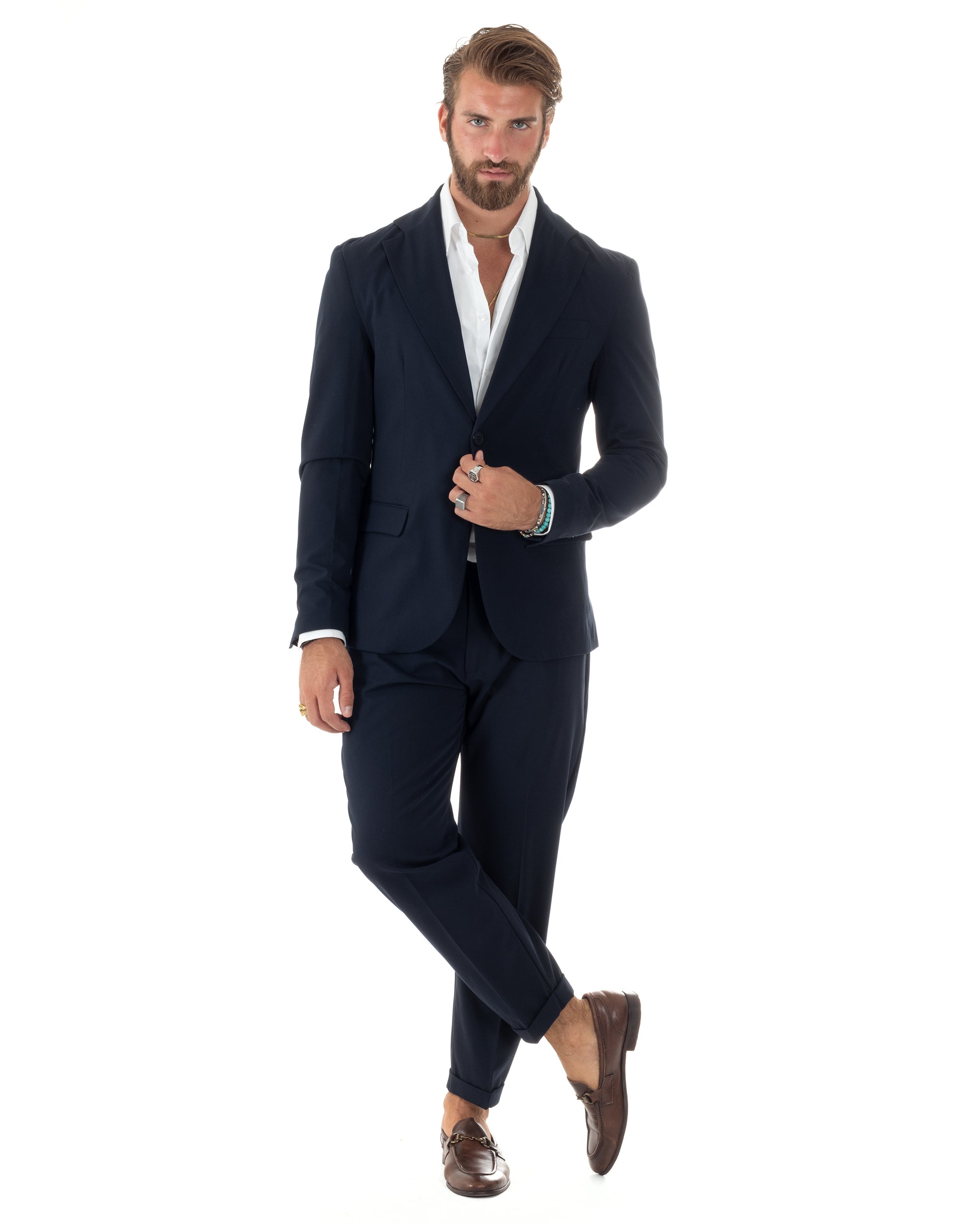 Abito Uomo Monopetto Vestito Viscosa Completo Giacca Pantaloni Elegante Casual Tinta Unita Blu GIOSAL-AE1077A