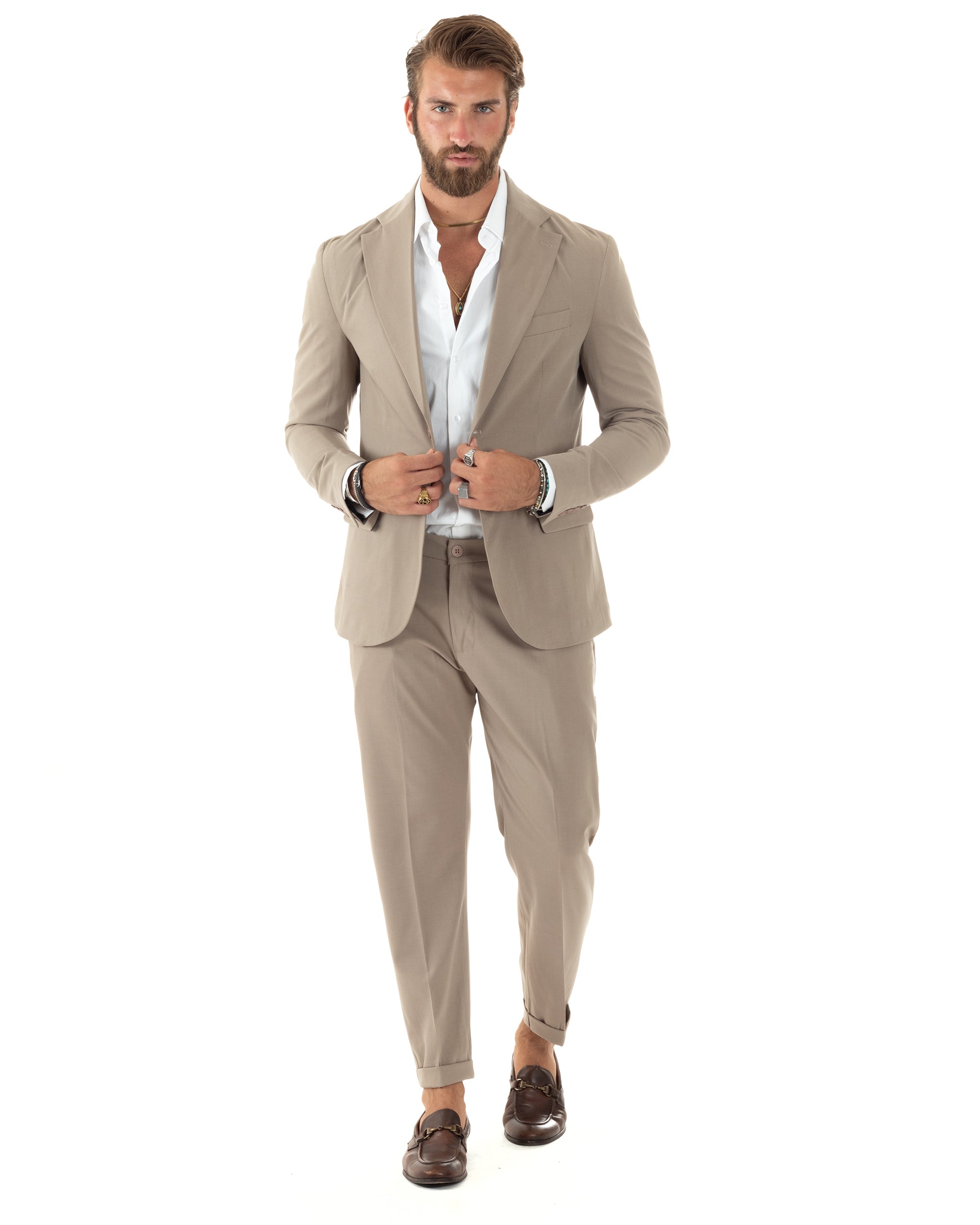 Abito Uomo Monopetto Vestito Viscosa Completo Giacca Pantaloni Elegante Casual Tinta Unita Beige GIOSAL-AE1078A