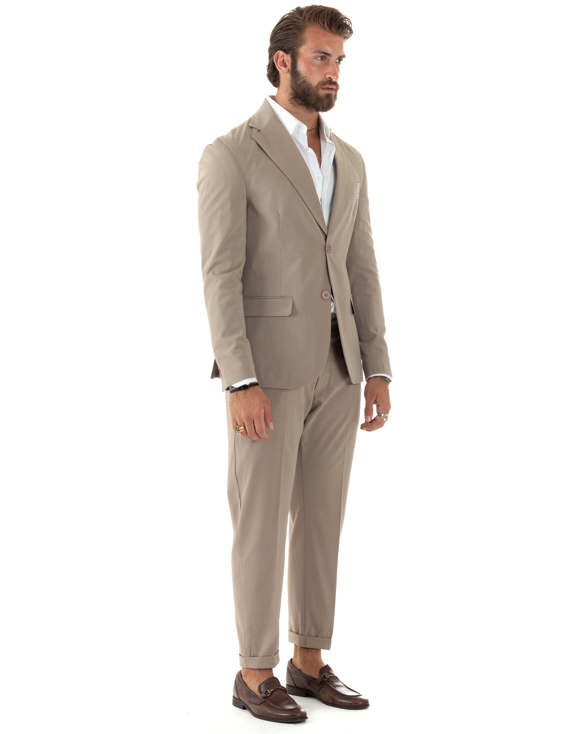 Abito Uomo Monopetto Vestito Viscosa Completo Giacca Pantaloni Elegante Casual Tinta Unita Beige GIOSAL-AE1078A