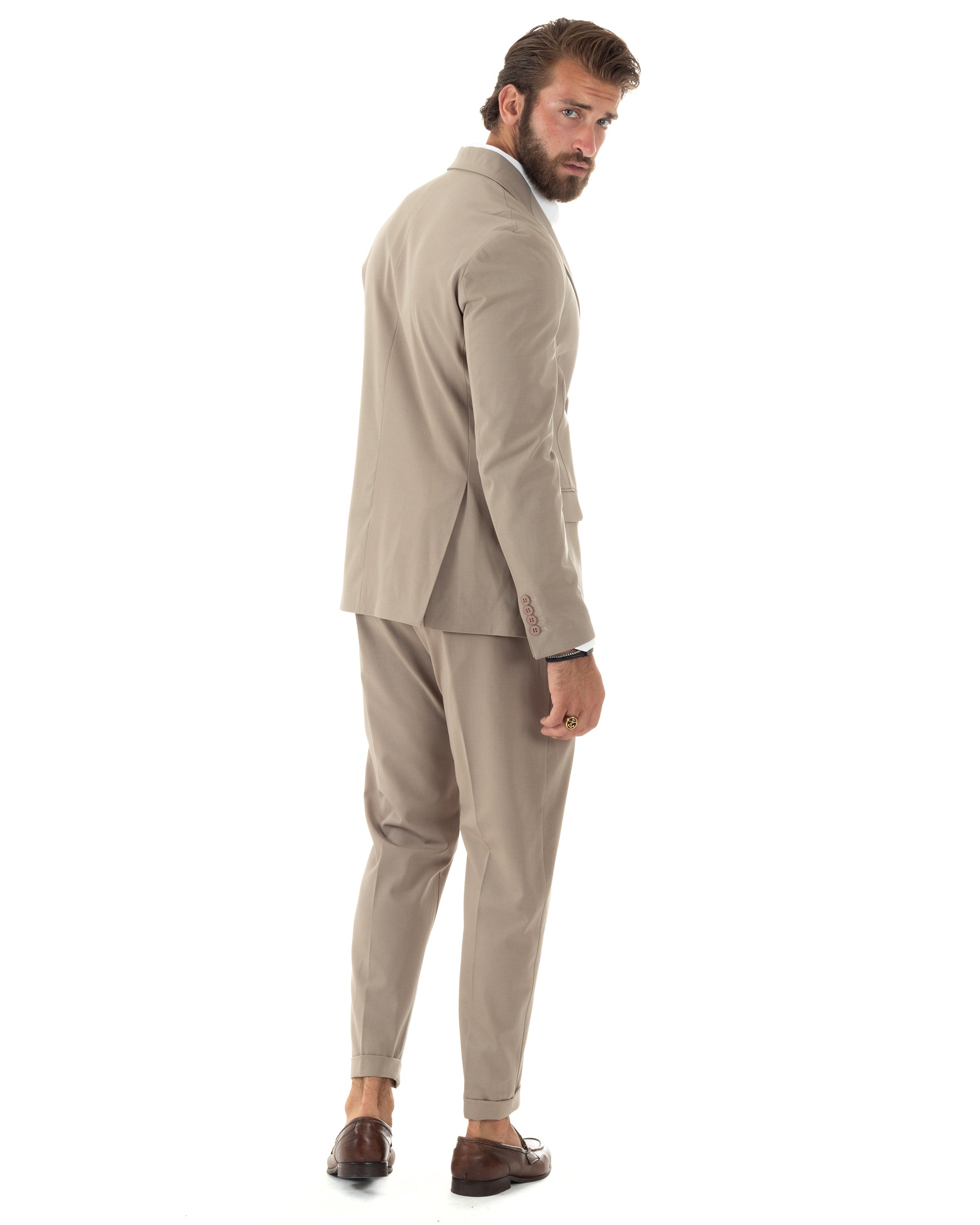 Abito Uomo Monopetto Vestito Viscosa Completo Giacca Pantaloni Elegante Casual Tinta Unita Beige GIOSAL-AE1078A