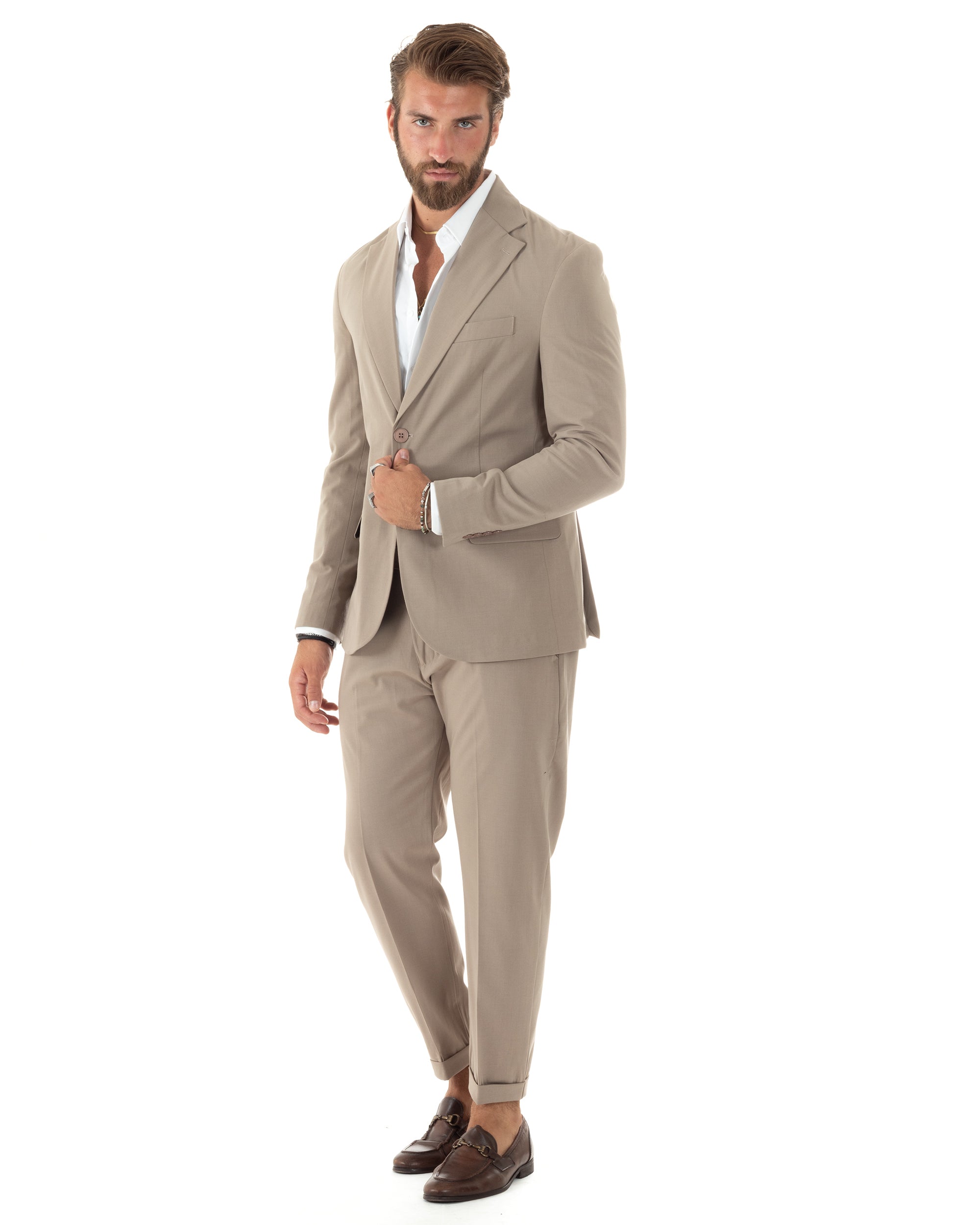 Abito Uomo Monopetto Vestito Viscosa Completo Giacca Pantaloni Elegante Casual Tinta Unita Beige GIOSAL-AE1078A