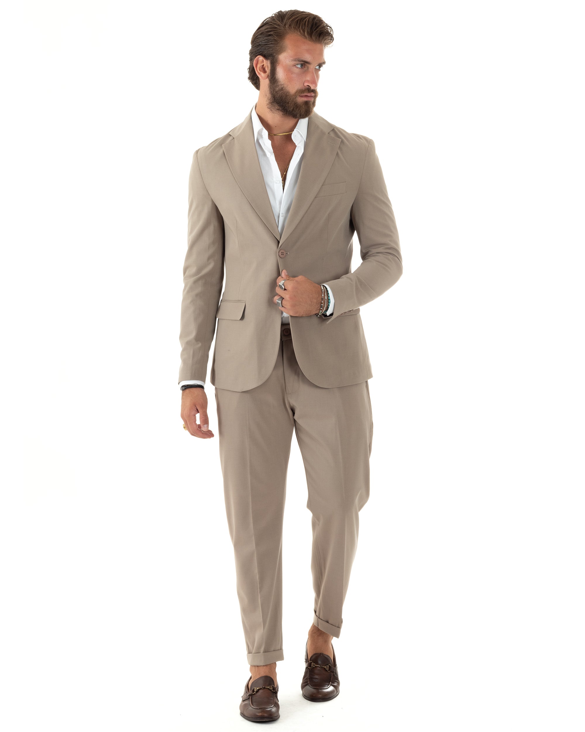 Abito Uomo Monopetto Vestito Viscosa Completo Giacca Pantaloni Elegante Casual Tinta Unita Beige GIOSAL-AE1078A