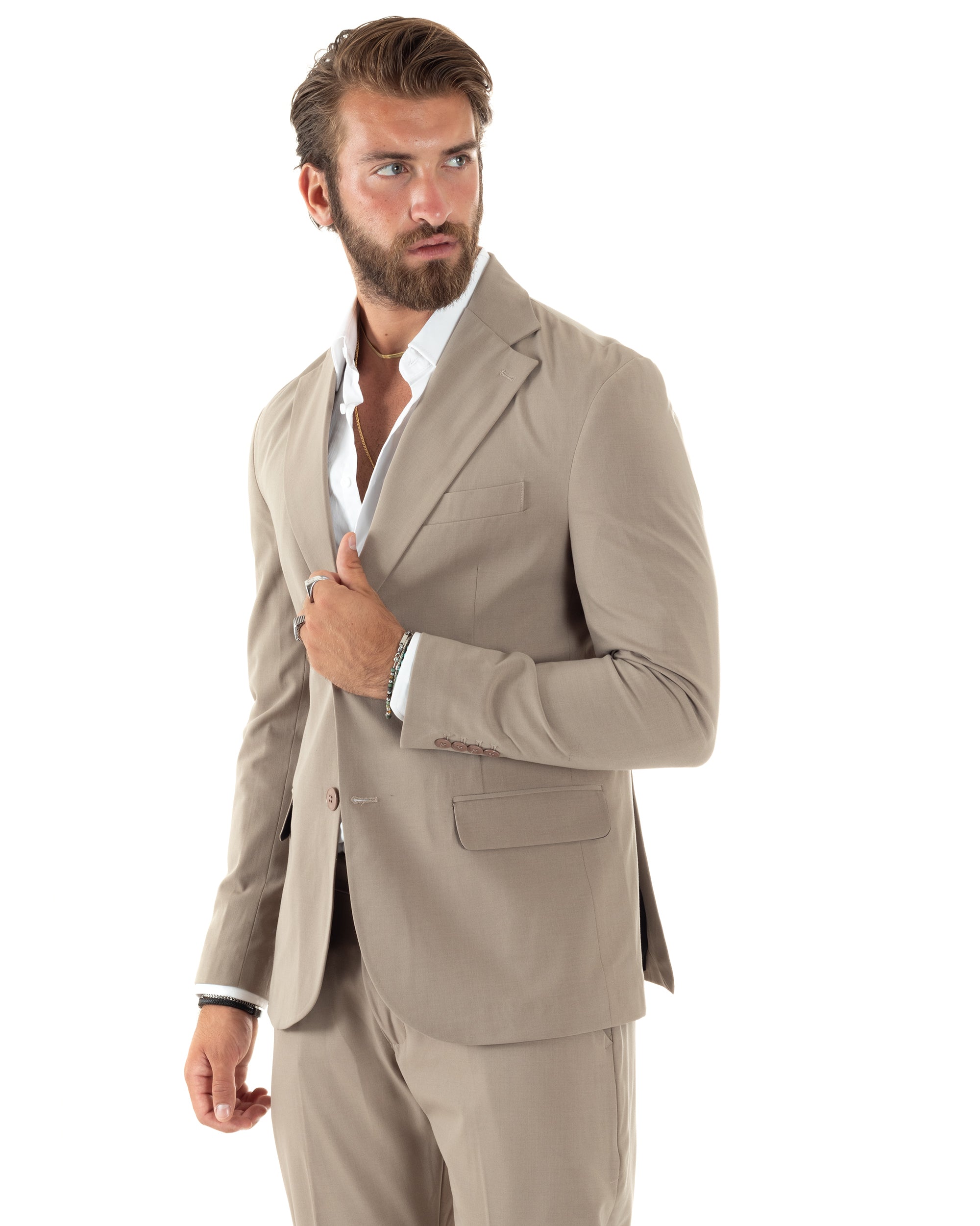 Abito Uomo Monopetto Vestito Viscosa Completo Giacca Pantaloni Elegante Casual Tinta Unita Beige GIOSAL-AE1078A