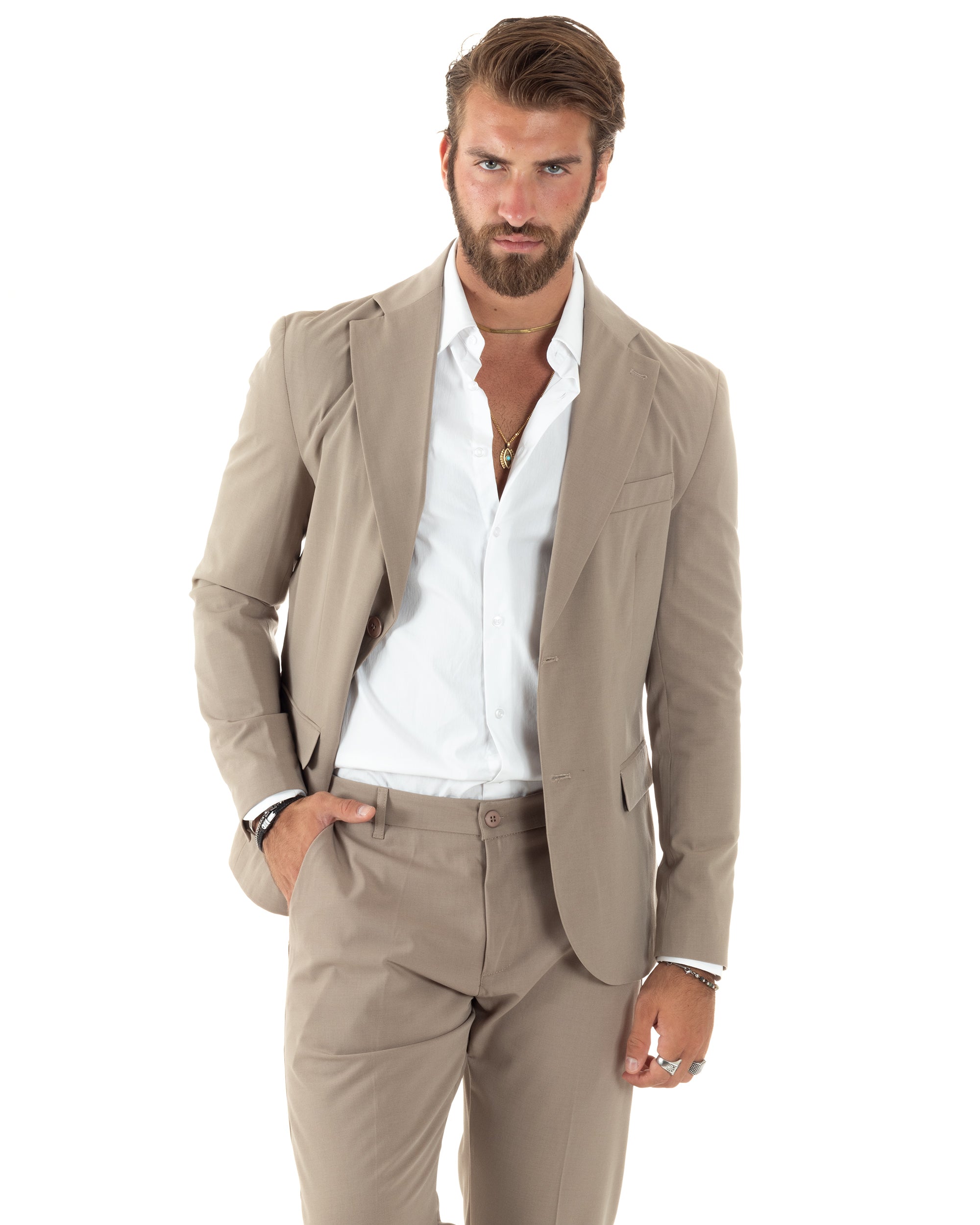 Abito Uomo Monopetto Vestito Viscosa Completo Giacca Pantaloni Elegante Casual Tinta Unita Beige GIOSAL-AE1078A