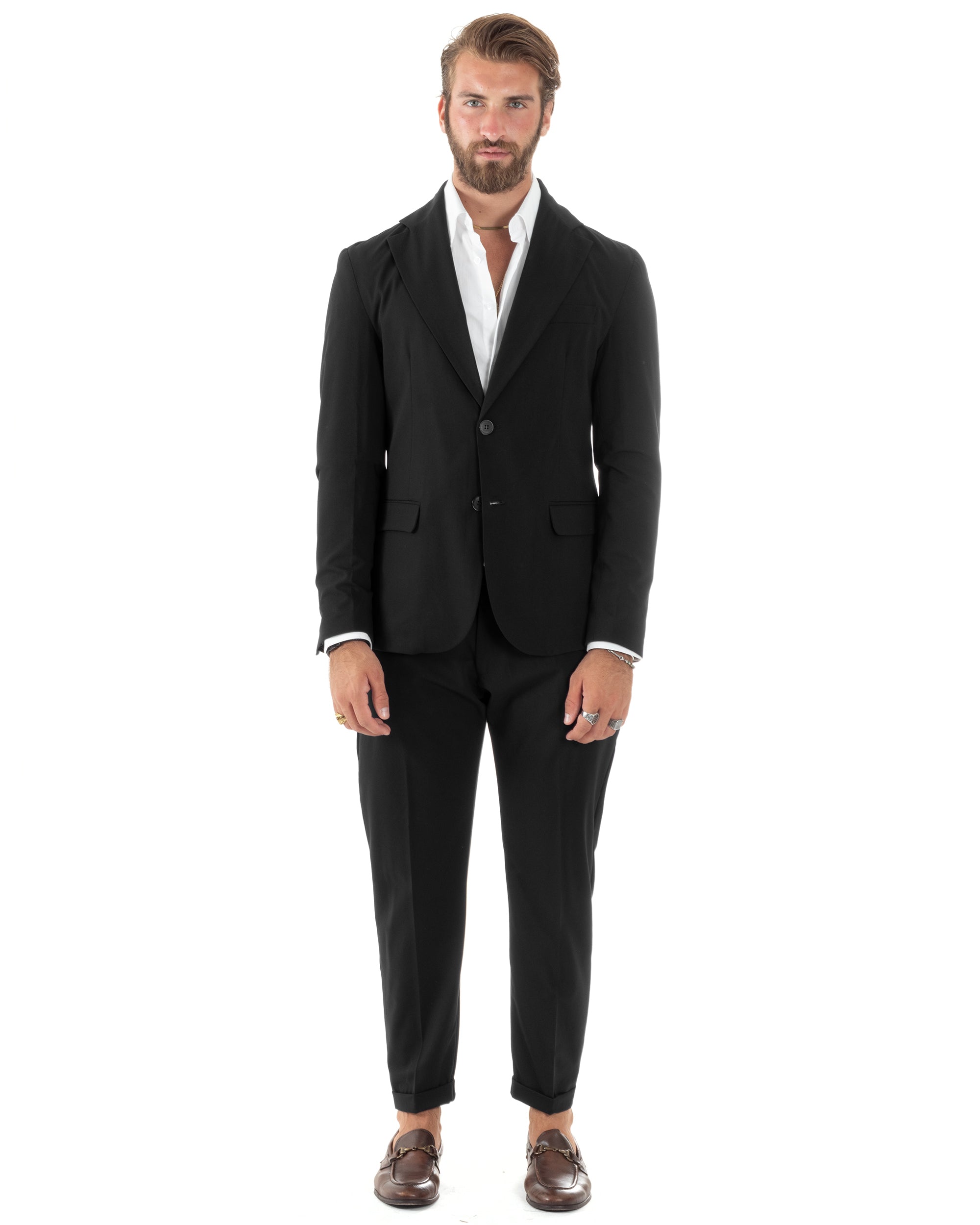 Abito Uomo Monopetto Vestito Viscosa Completo Giacca Pantaloni Elegante Casual Tinta Unita Nero GIOSAL-AE1079A