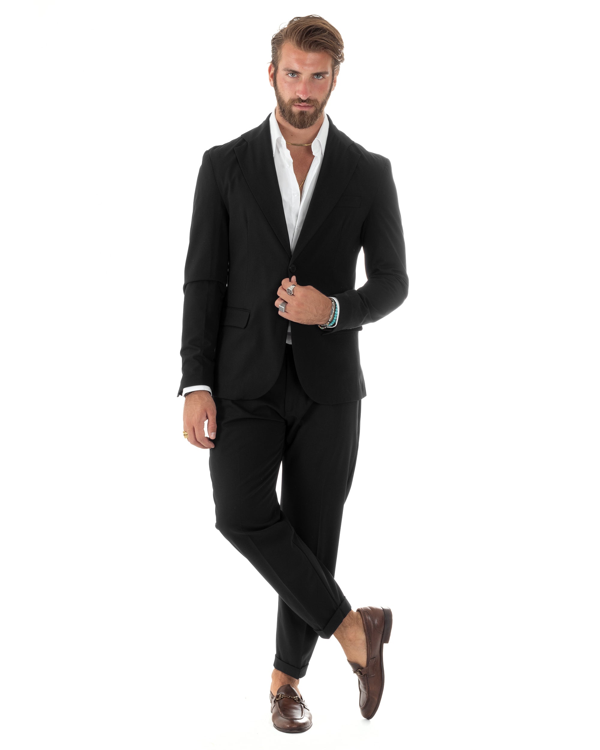 Abito Uomo Monopetto Vestito Viscosa Completo Giacca Pantaloni Elegante Casual Tinta Unita Nero GIOSAL-AE1079A