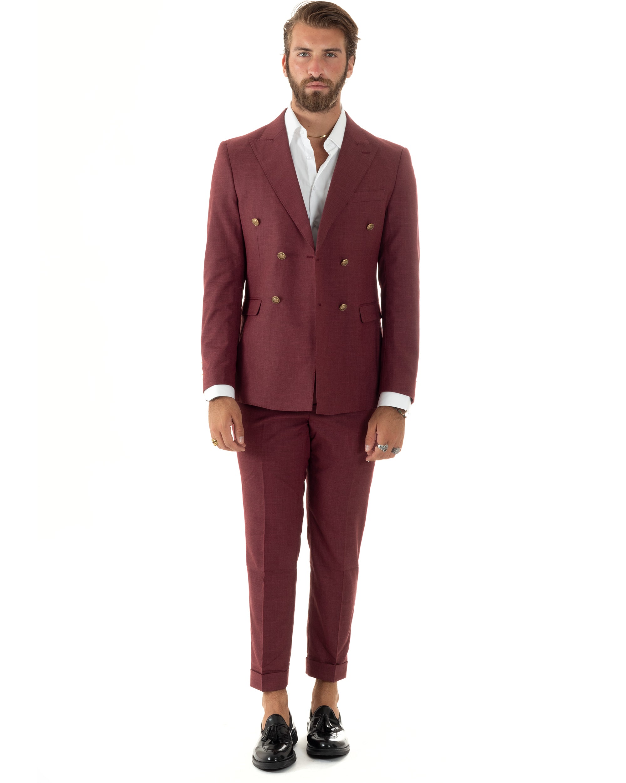 Abito Uomo Doppiopetto Vestito Completo Giacca Pantaloni Bottoni Metallo Bordeaux Melangiato Elegante Casual GIOSAL-AE1080A