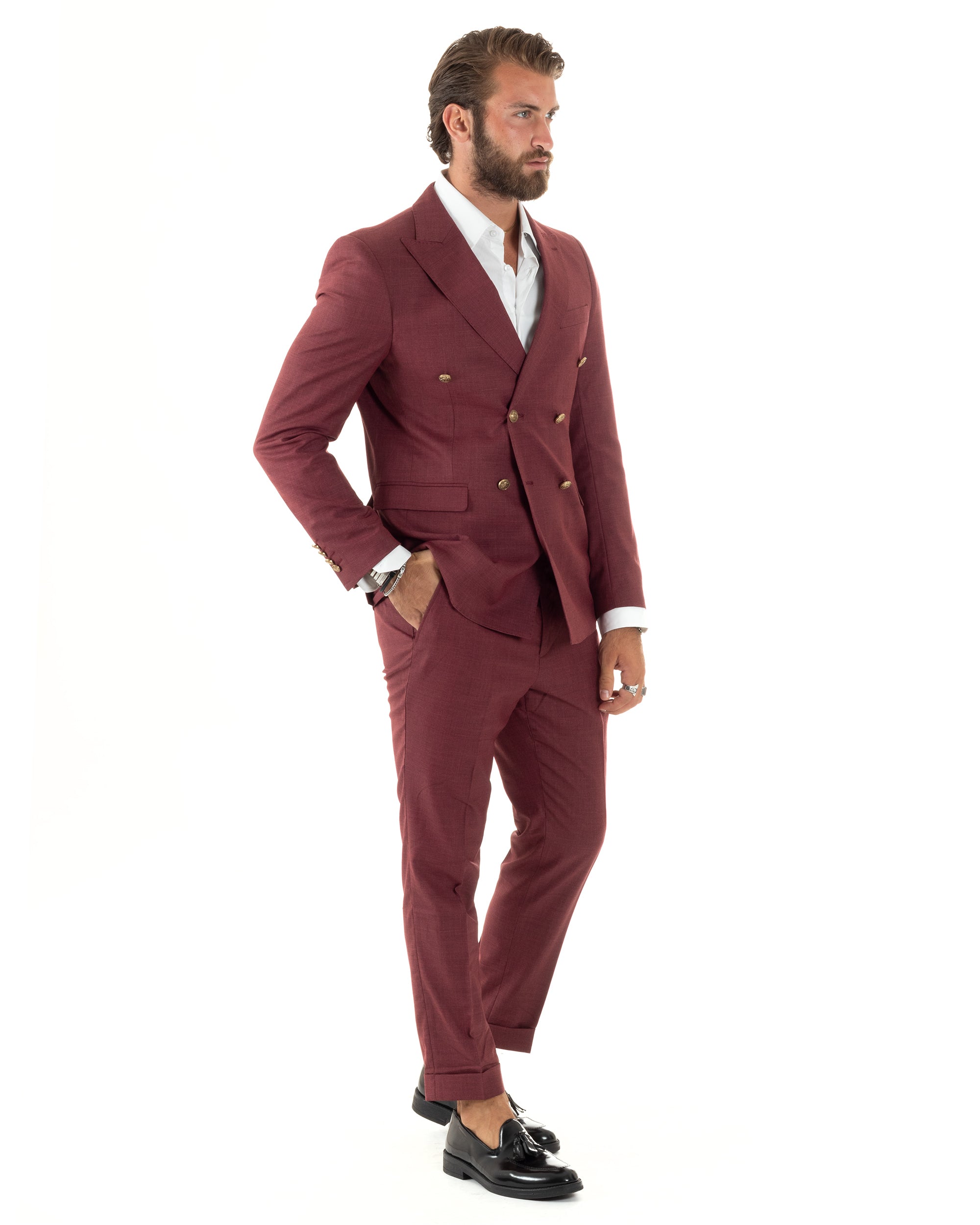 Abito Uomo Doppiopetto Vestito Completo Giacca Pantaloni Bottoni Metallo Bordeaux Melangiato Elegante Casual GIOSAL-AE1080A