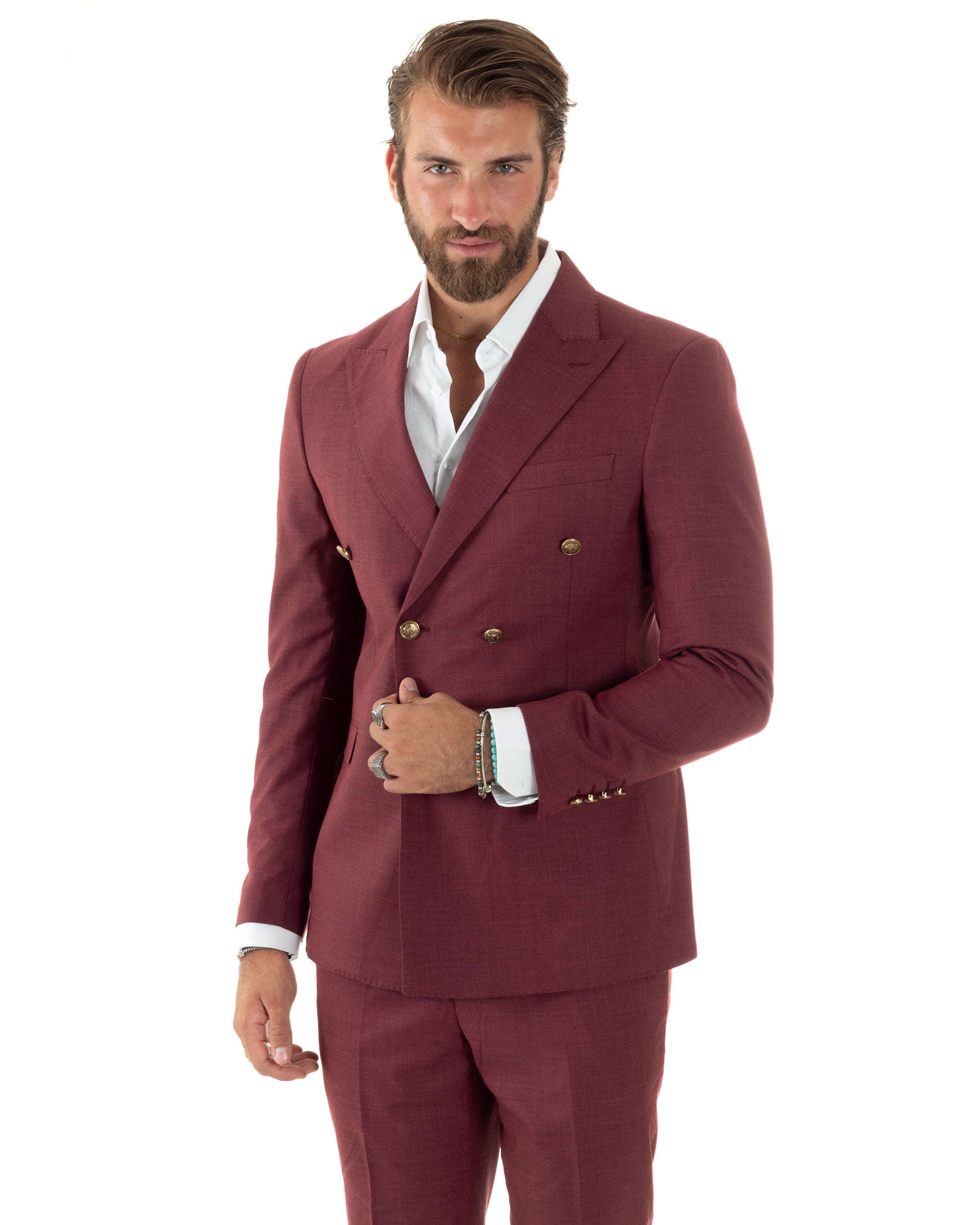 Abito Uomo Doppiopetto Vestito Completo Giacca Pantaloni Bottoni Metallo Bordeaux Melangiato Elegante Casual GIOSAL-AE1080A