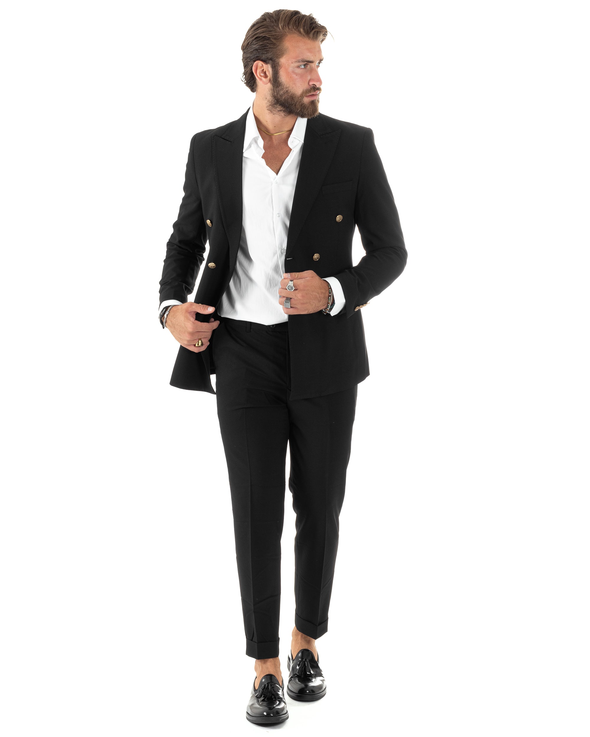 Abito Uomo Doppiopetto Vestito Completo Giacca Pantaloni Bottoni Metallo Nero Melangiato Elegante Casual GIOSAL-AE1081A