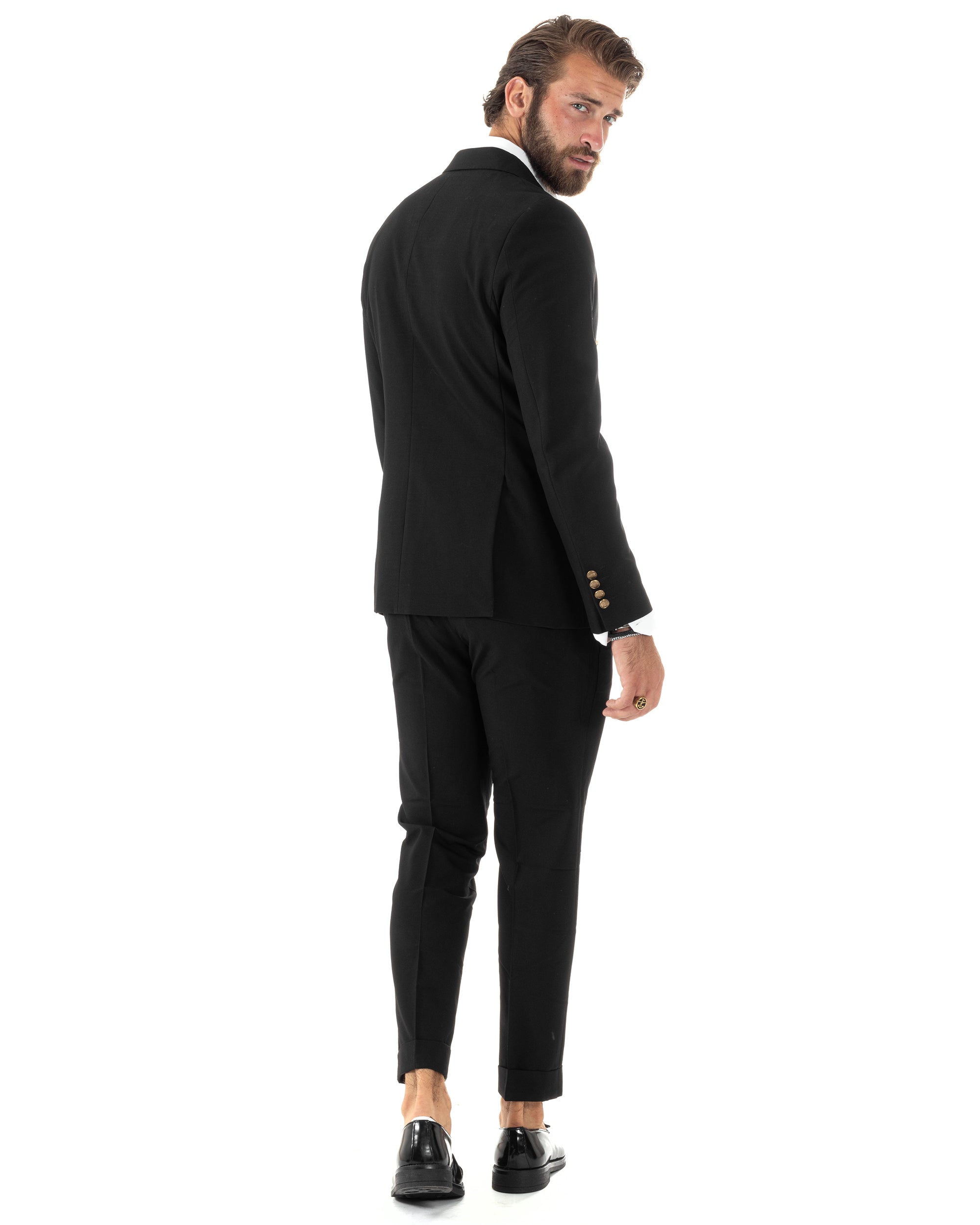 Abito Uomo Doppiopetto Vestito Completo Giacca Pantaloni Bottoni Metallo Nero Melangiato Elegante Casual GIOSAL-AE1081A