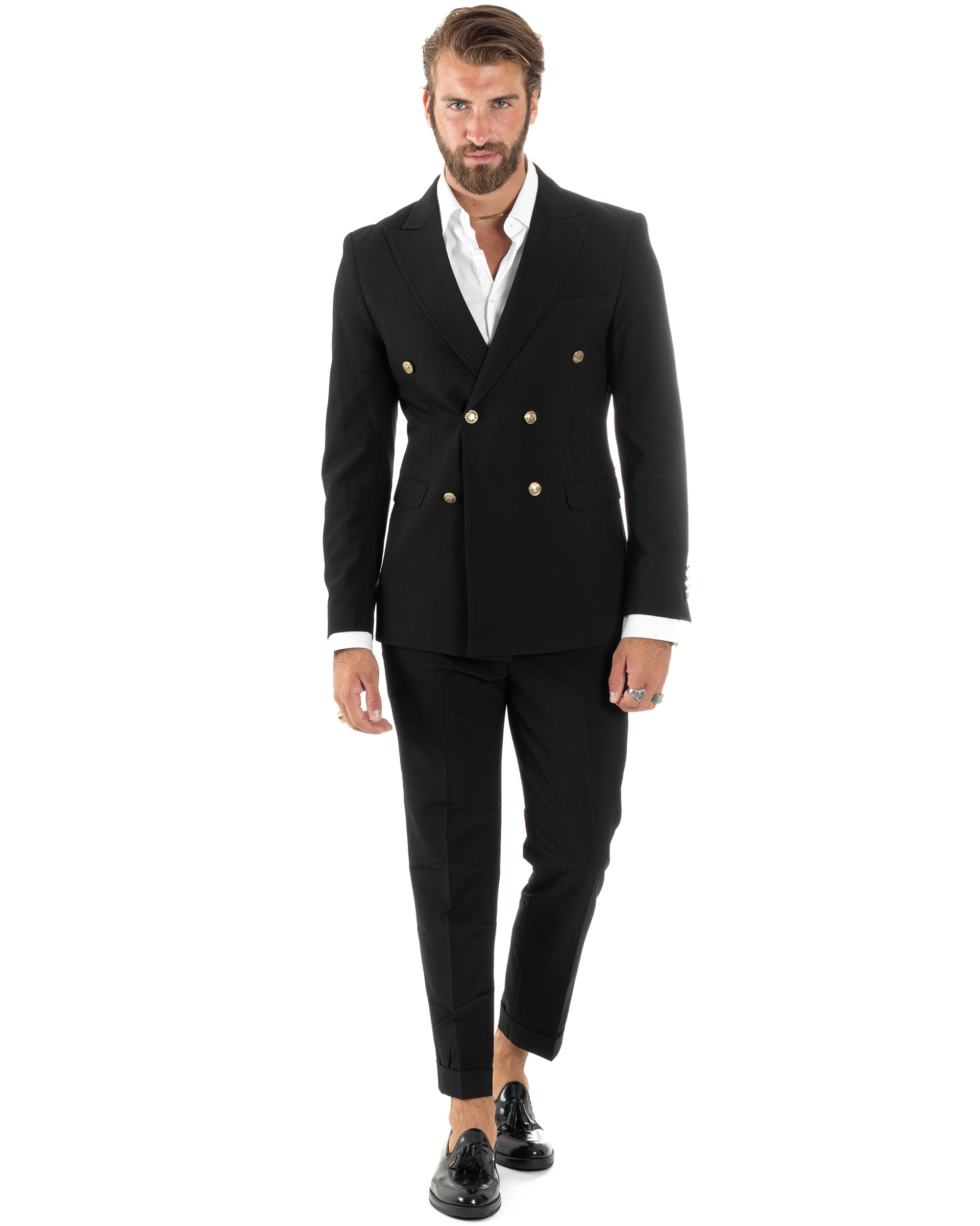 Abito Uomo Doppiopetto Vestito Completo Giacca Pantaloni Bottoni Metallo Nero Melangiato Elegante Casual GIOSAL-AE1081A