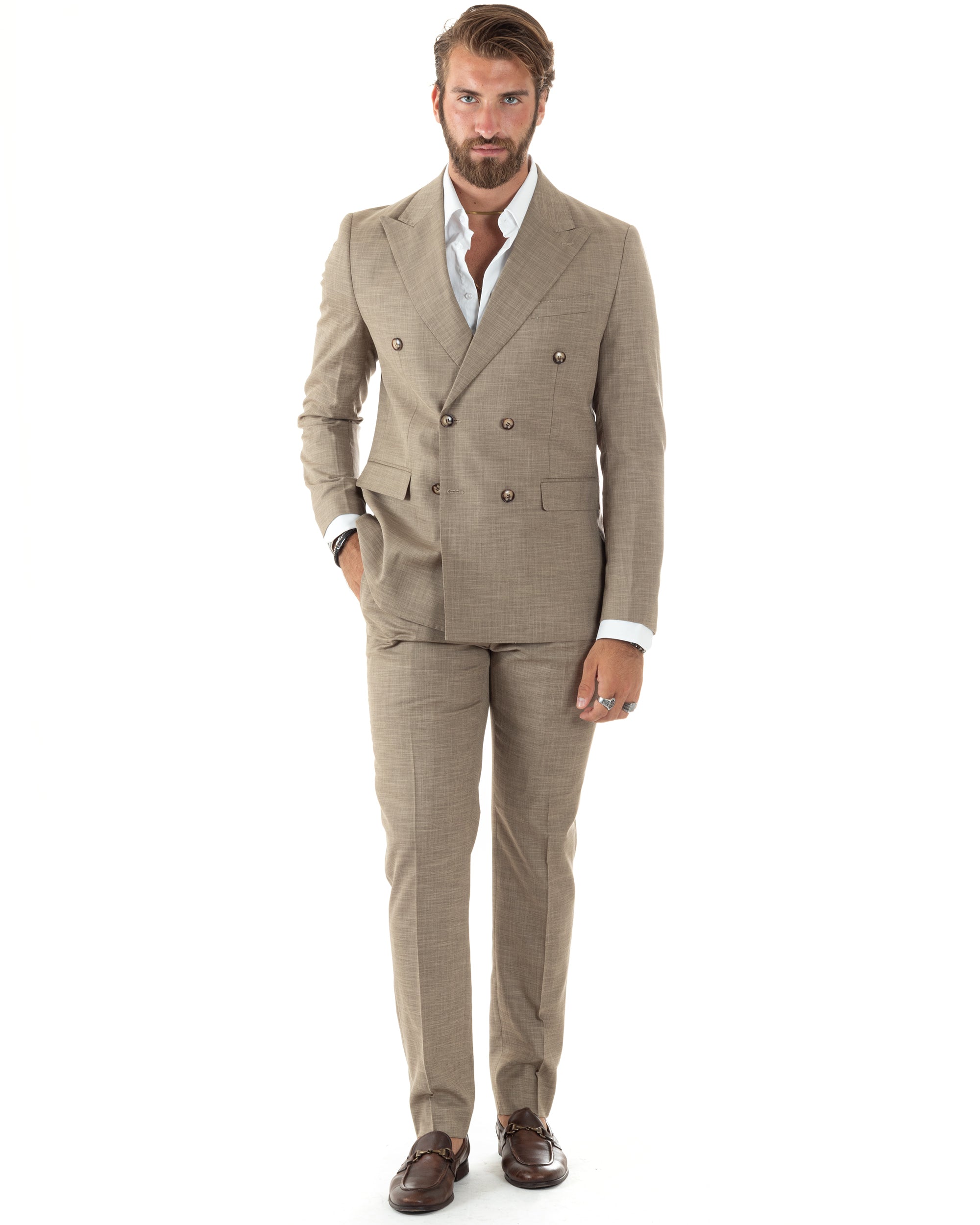 Abito Uomo Doppiopetto Vestito Elegante Viscosa Completo Giacca Pantaloni Casual Cerimonia Sabbia Melangiato GIOSAL-AE1082A