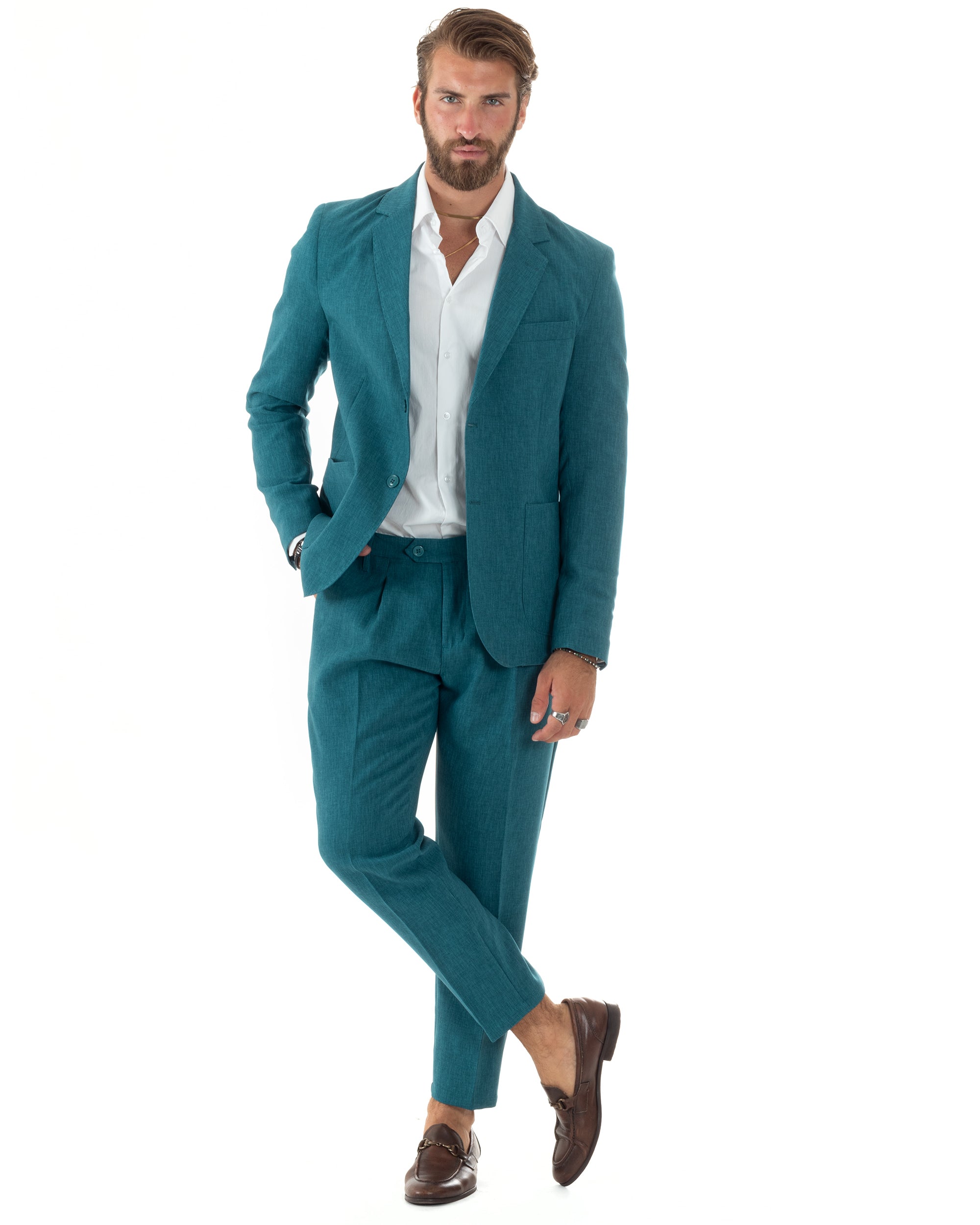 Abito Uomo Monopetto Vestito Viscosa Completo Giacca Pantaloni Elegante Casual Fantasia Melangiata Petrolio GIOSAL-AE1083A