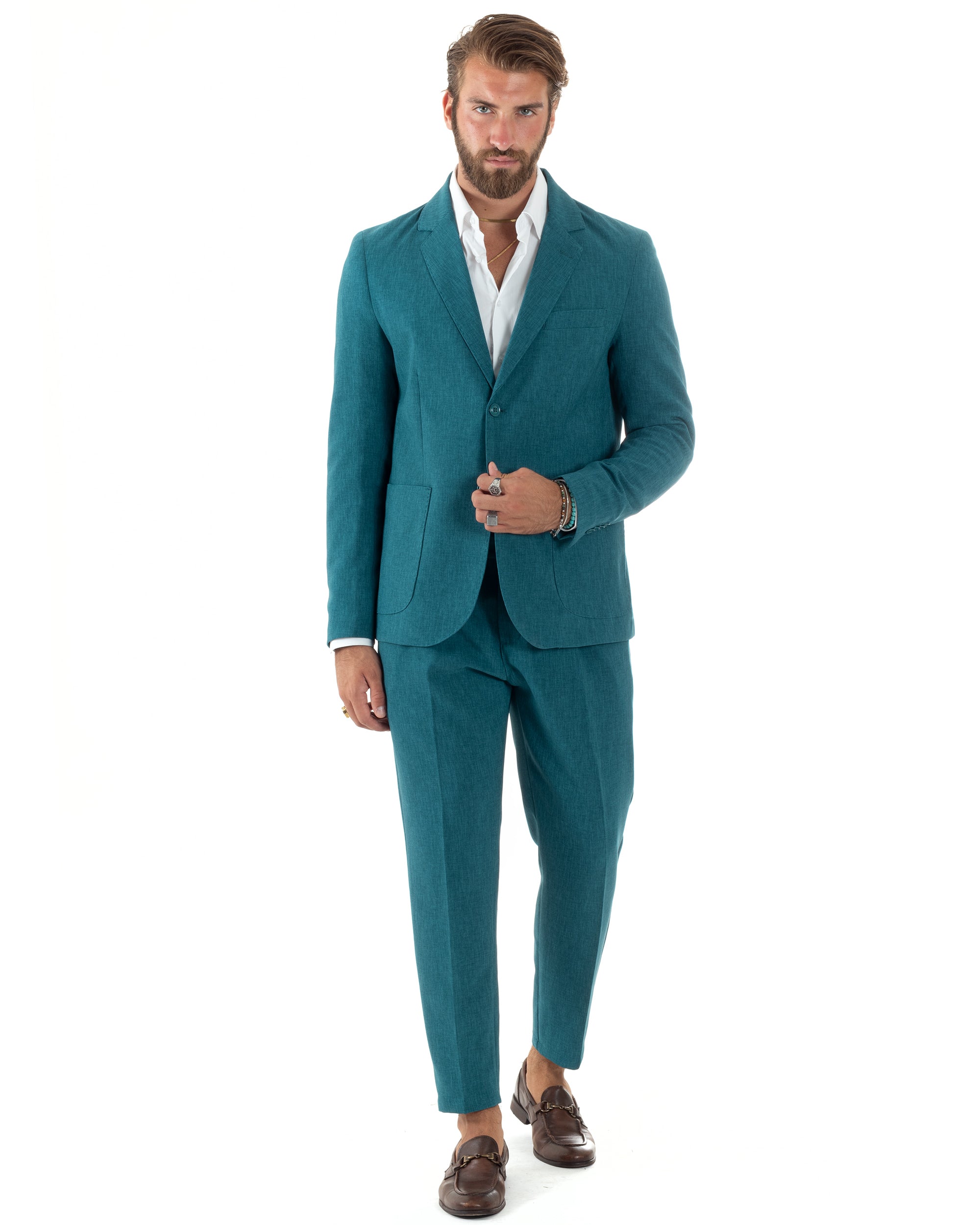 Abito Uomo Monopetto Vestito Viscosa Completo Giacca Pantaloni Elegante Casual Fantasia Melangiata Petrolio GIOSAL-AE1083A