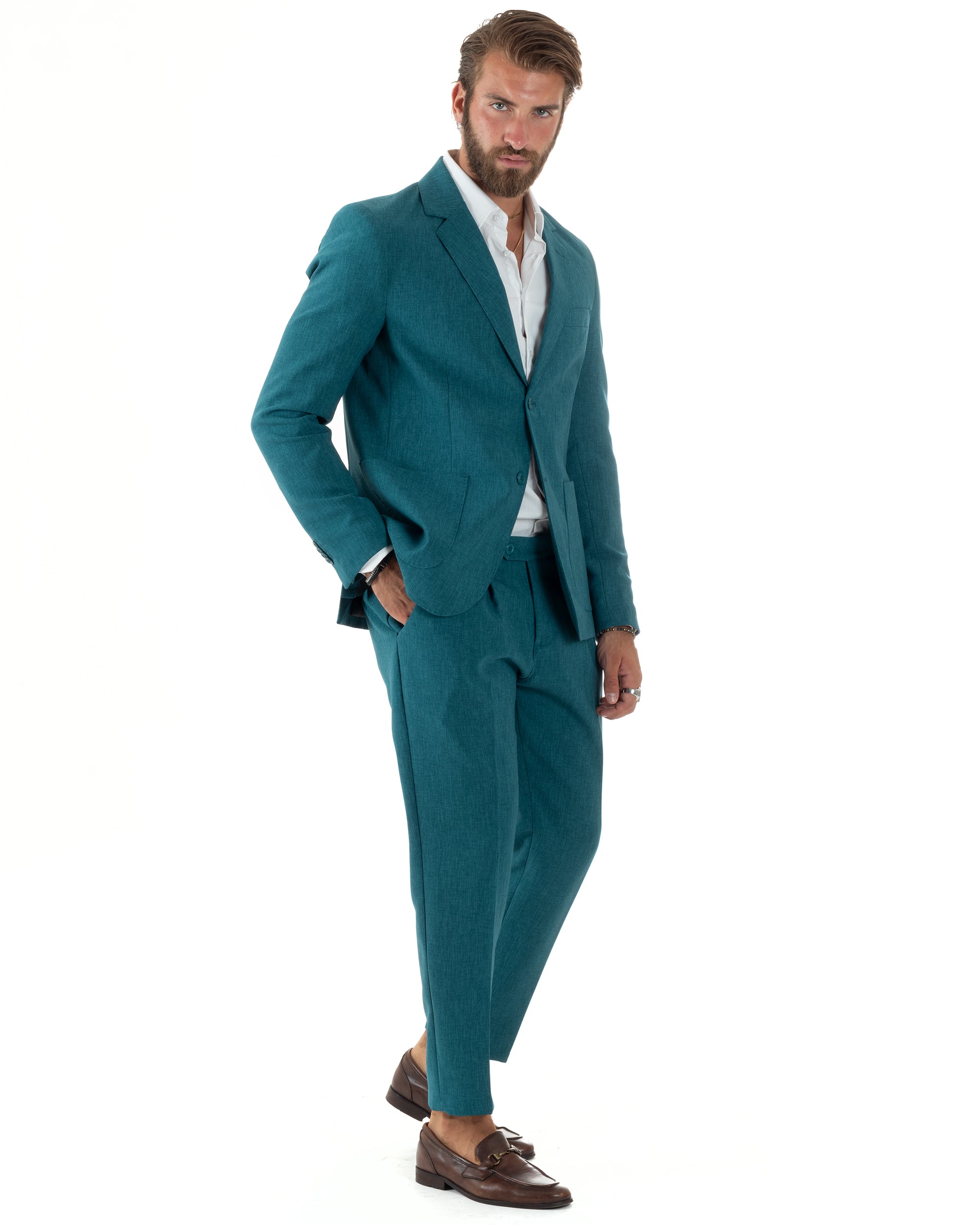 Abito Uomo Monopetto Vestito Viscosa Completo Giacca Pantaloni Elegante Casual Fantasia Melangiata Petrolio GIOSAL-AE1083A