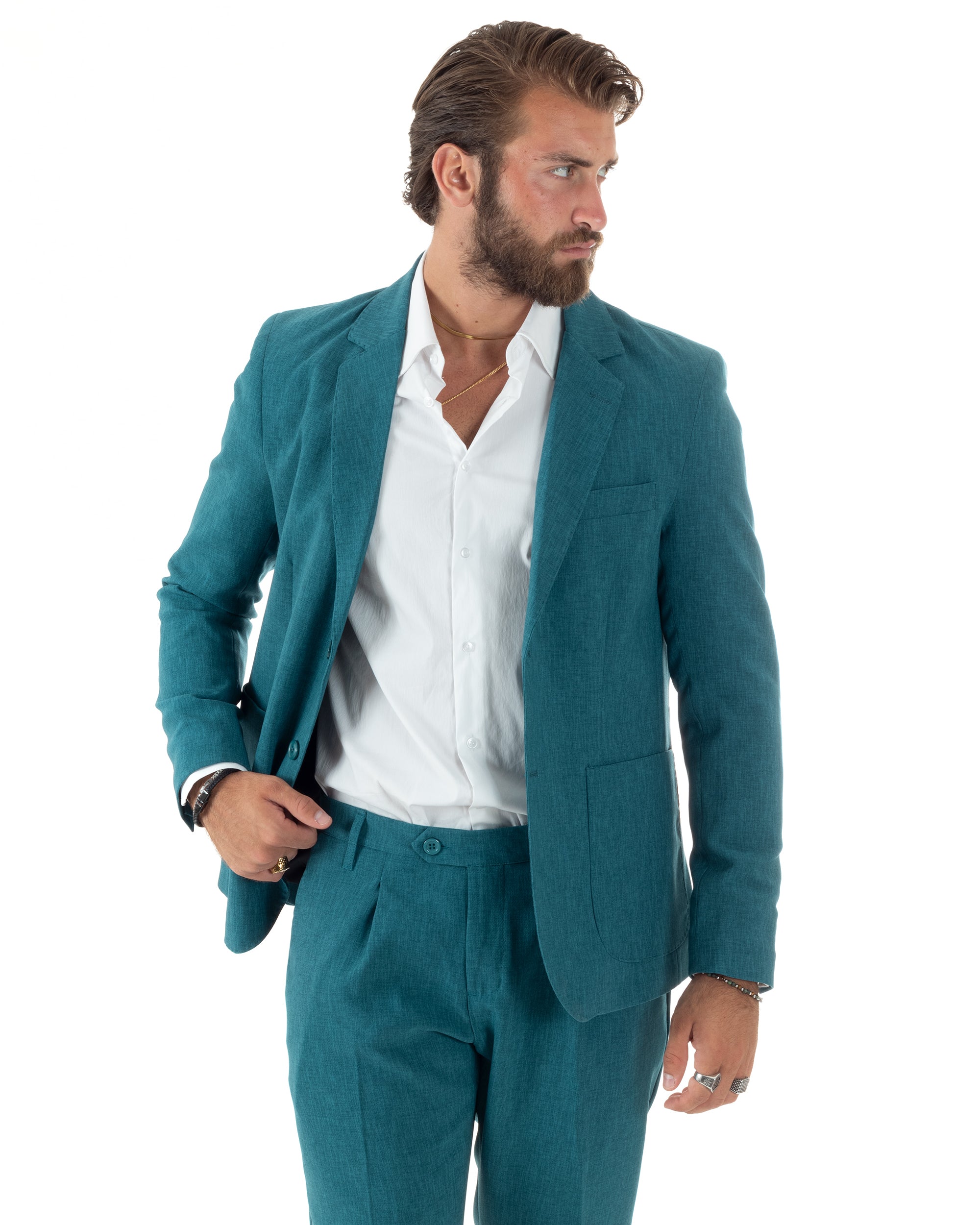 Abito Uomo Monopetto Vestito Viscosa Completo Giacca Pantaloni Elegante Casual Fantasia Melangiata Petrolio GIOSAL-AE1083A