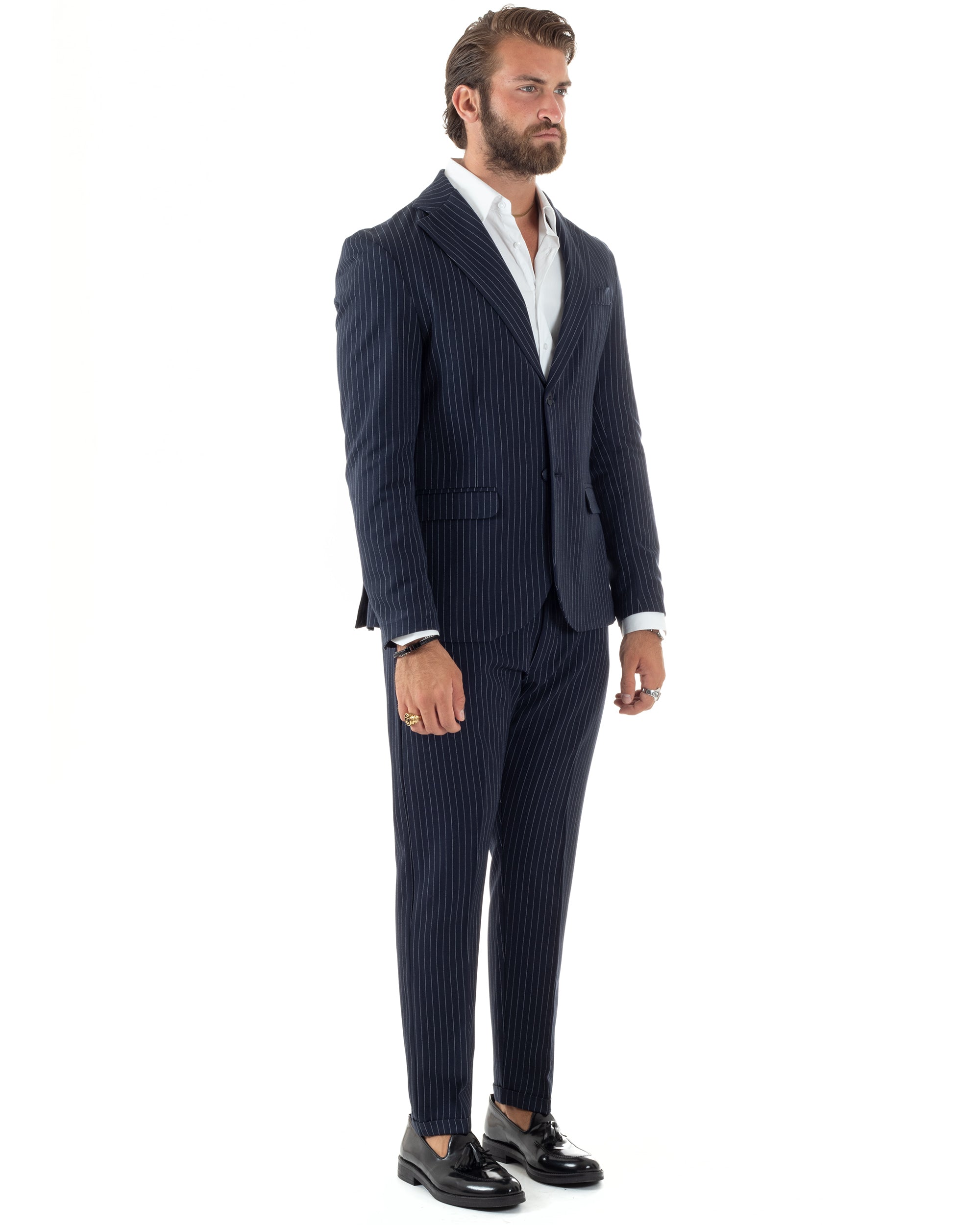 Abito Uomo Monopetto Completo Rigato Giacca Pantaloni Vestito Viscosa Elegante Casual Fantasia Gessata Blu GIOSAL-AE1084A