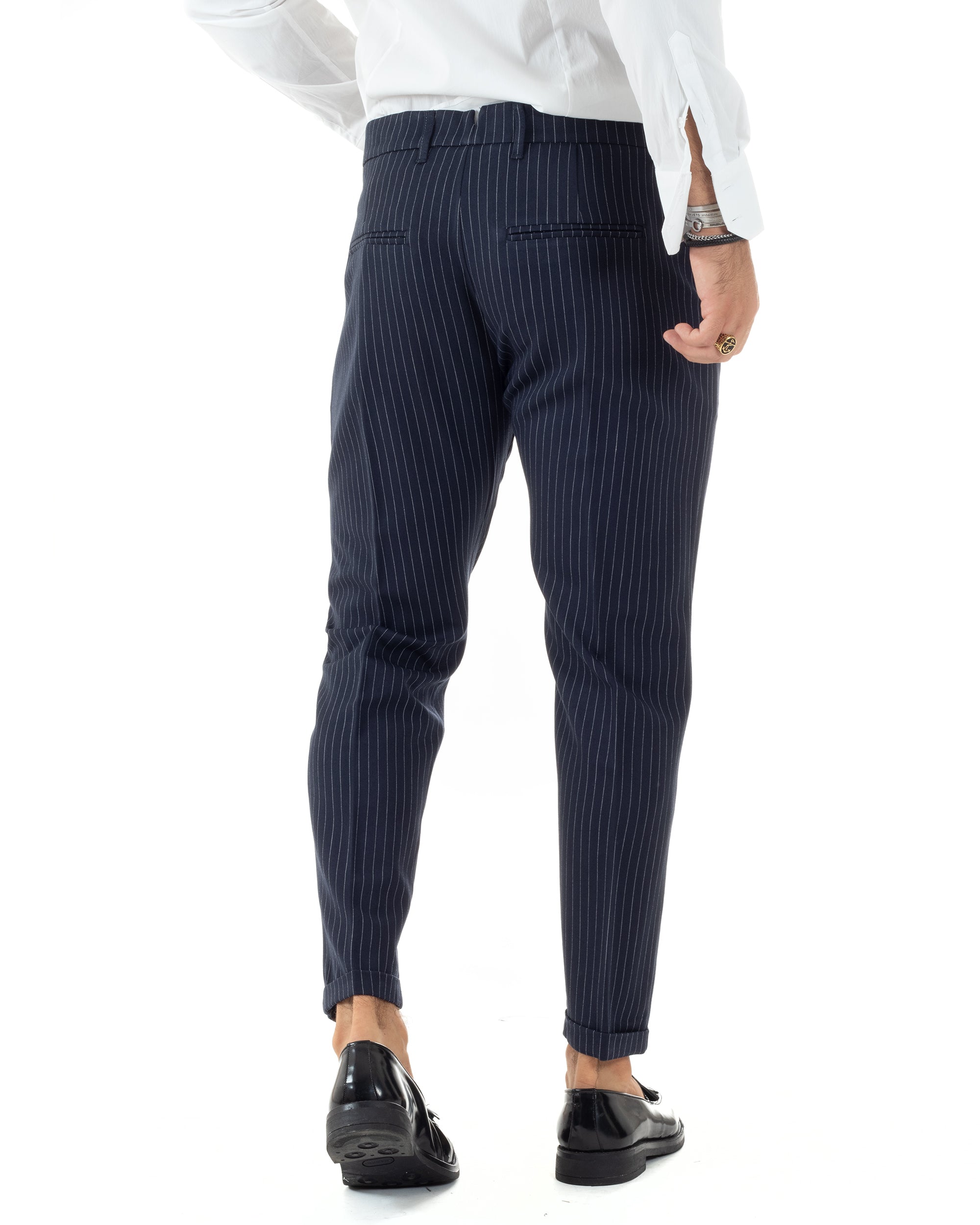 Abito Uomo Monopetto Completo Rigato Giacca Pantaloni Vestito Viscosa Elegante Casual Fantasia Gessata Blu GIOSAL-AE1084A