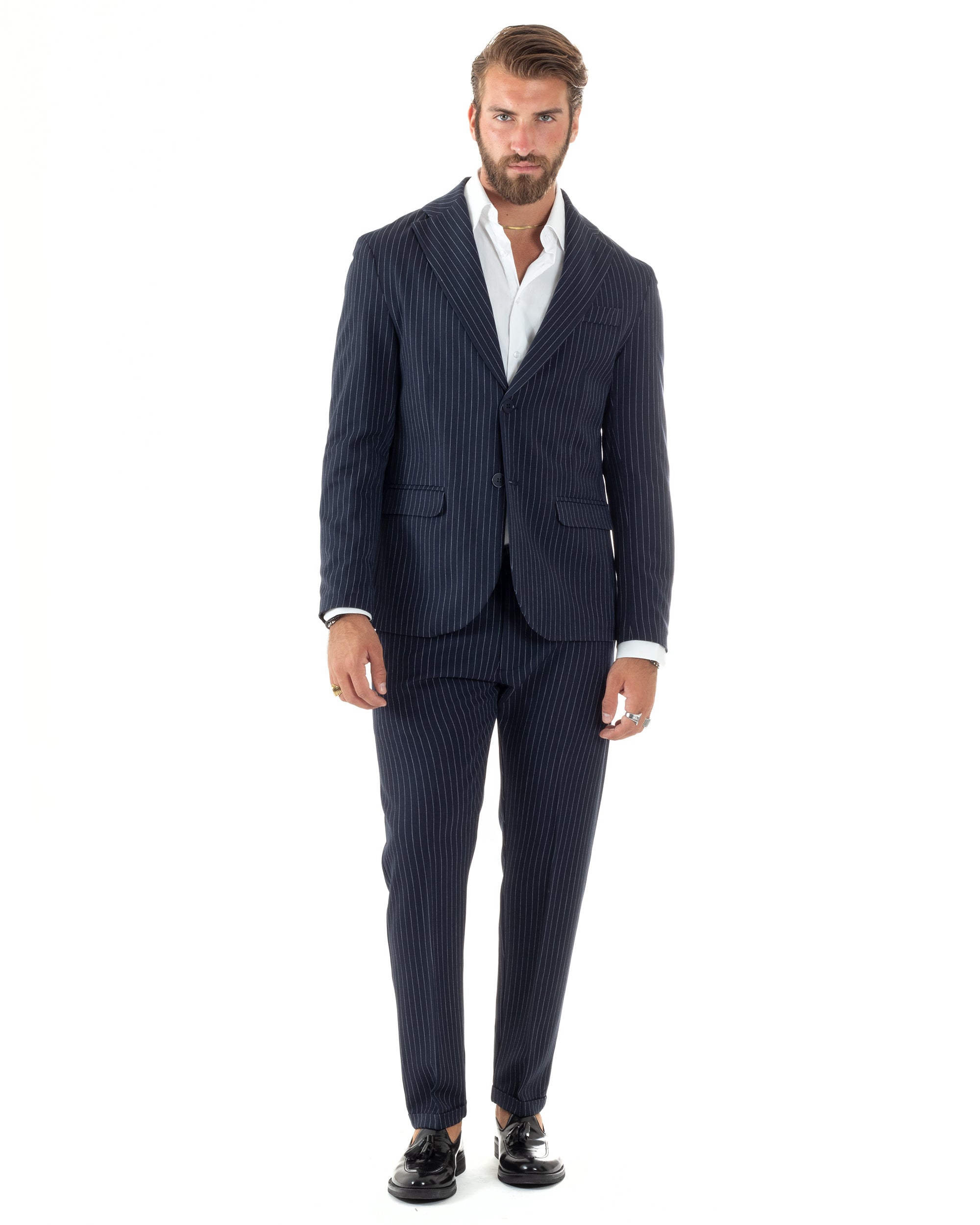 Abito Uomo Monopetto Completo Rigato Giacca Pantaloni Vestito Viscosa Elegante Casual Fantasia Gessata Blu GIOSAL-AE1084A