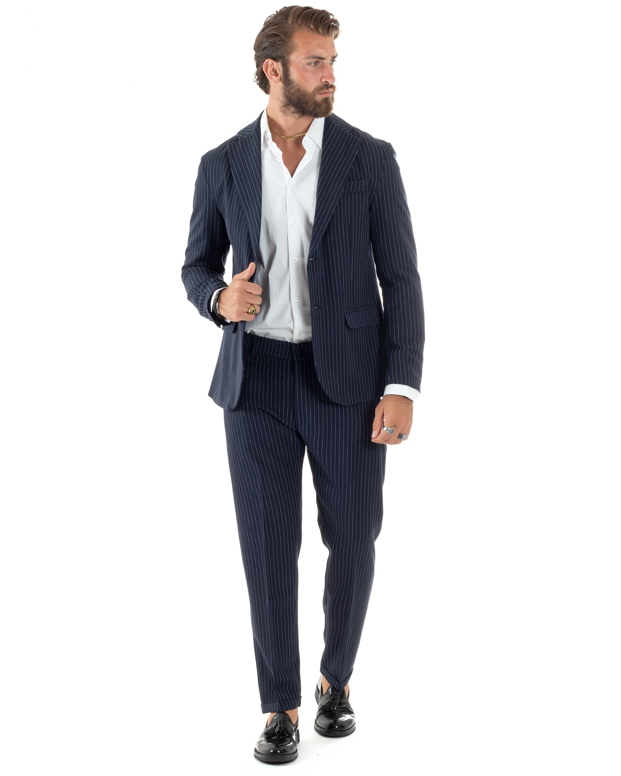 Abito Uomo Monopetto Completo Rigato Giacca Pantaloni Vestito Viscosa Elegante Casual Fantasia Gessata Blu GIOSAL-AE1084A