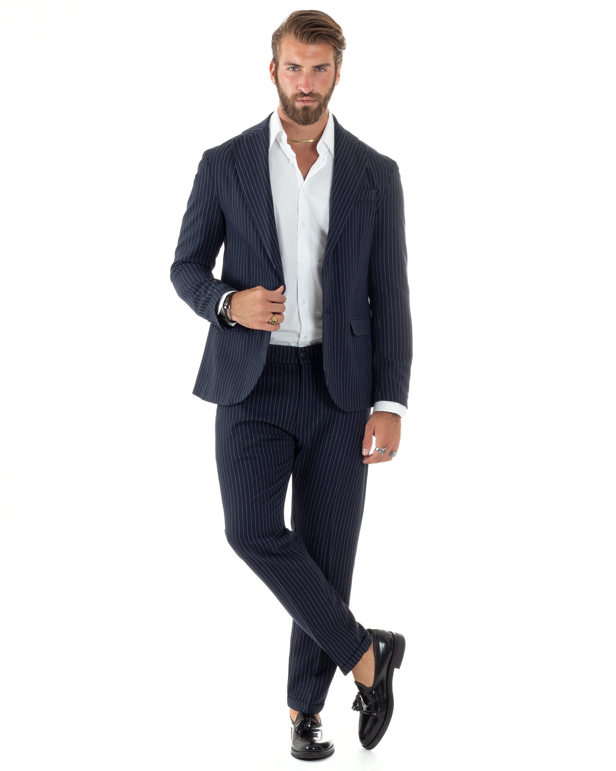 Abito Uomo Monopetto Completo Rigato Giacca Pantaloni Vestito Viscosa Elegante Casual Fantasia Gessata Blu GIOSAL-AE1084A