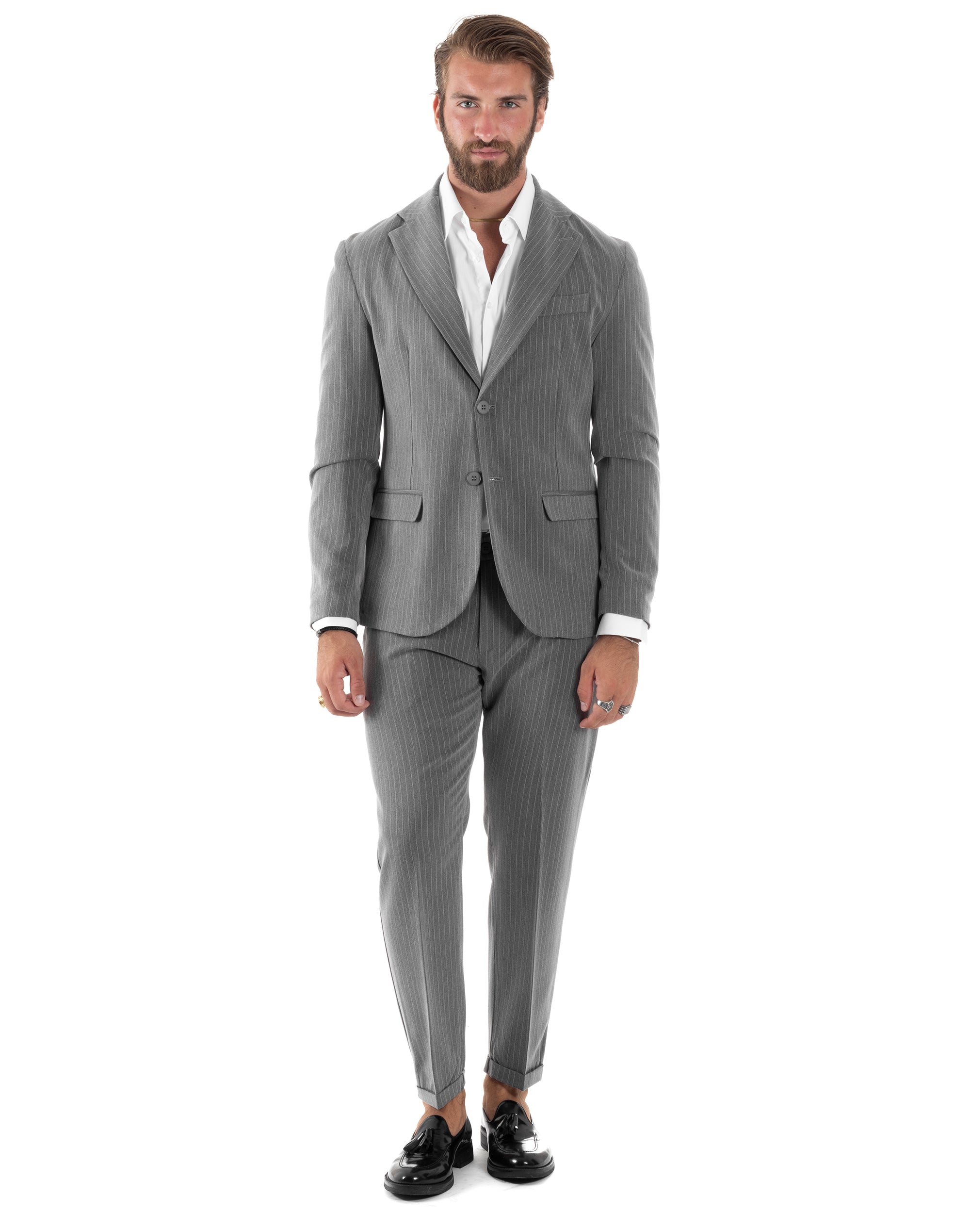 Abito Uomo Monopetto Completo Rigato Giacca Pantaloni Vestito Viscosa Elegante Casual Fantasia Gessata Grigio GIOSAL-AE1085A