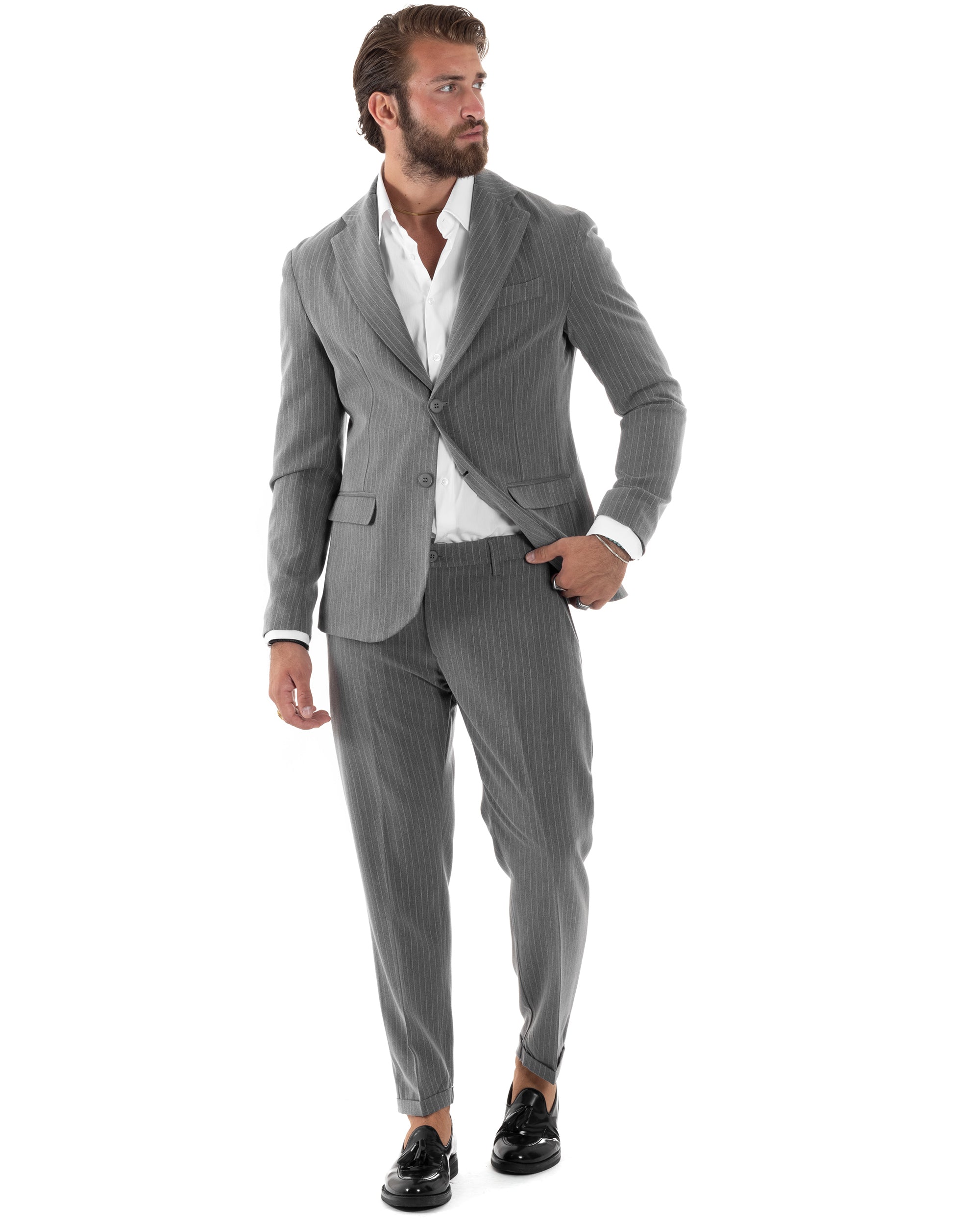 Abito Uomo Monopetto Completo Rigato Giacca Pantaloni Vestito Viscosa Elegante Casual Fantasia Gessata Grigio GIOSAL-AE1085A