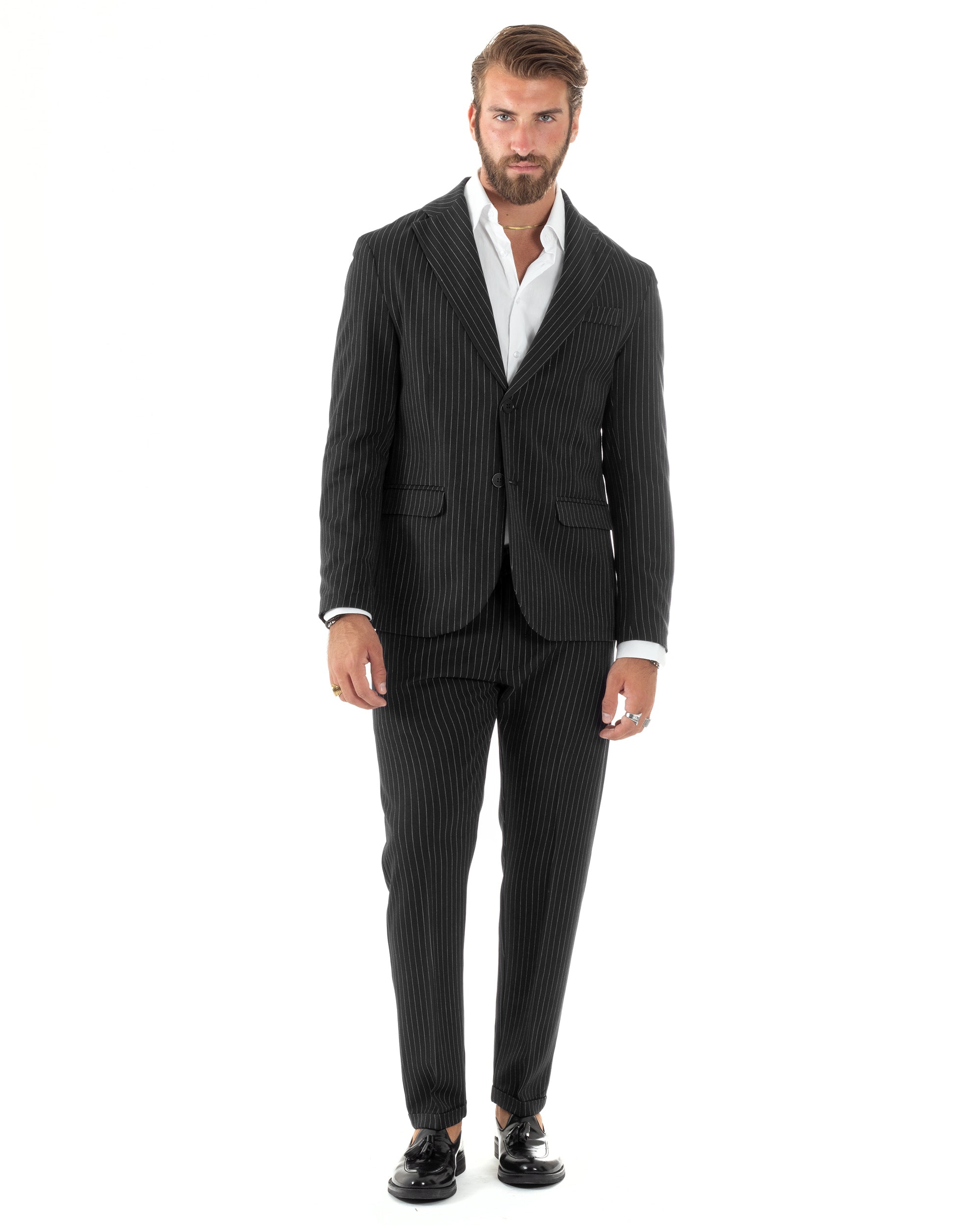 Abito Uomo Monopetto Completo Rigato Giacca Pantaloni Vestito Viscosa Elegante Casual Fantasia Gessata Nero GIOSAL-AE1086A