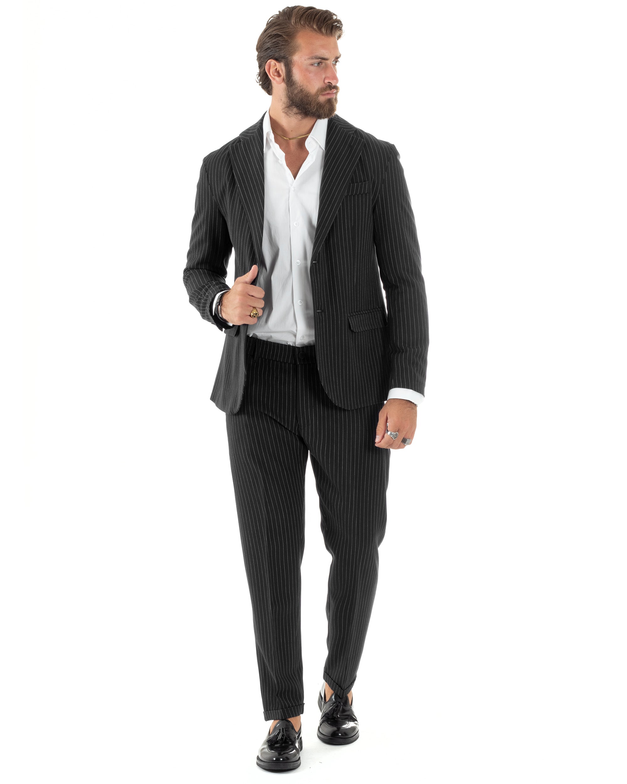 Abito Uomo Monopetto Completo Rigato Giacca Pantaloni Vestito Viscosa Elegante Casual Fantasia Gessata Nero GIOSAL-AE1086A