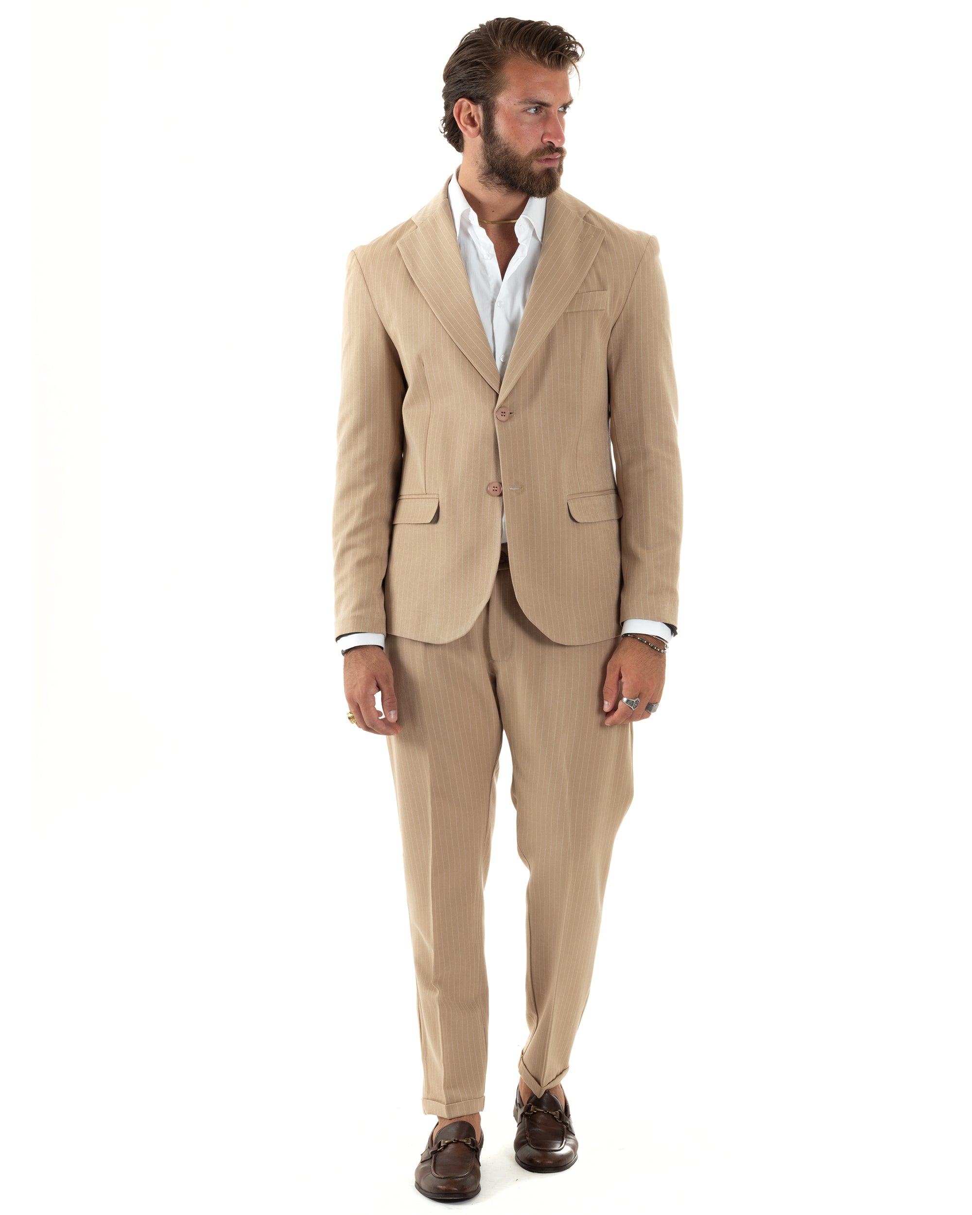 Abito Uomo Monopetto Completo Rigato Giacca Pantaloni Vestito Viscosa Elegante Casual Fantasia Gessata Beige GIOSAL-AE1087A