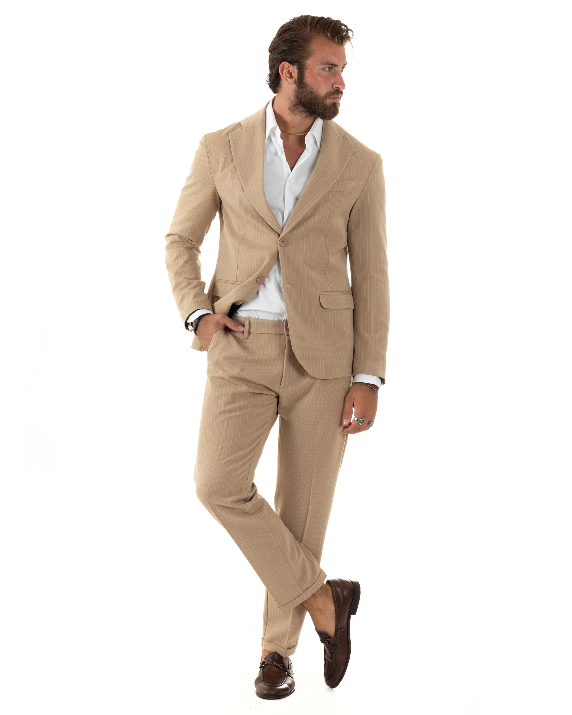 Abito Uomo Monopetto Completo Rigato Giacca Pantaloni Vestito Viscosa Elegante Casual Fantasia Gessata Beige GIOSAL-AE1087A