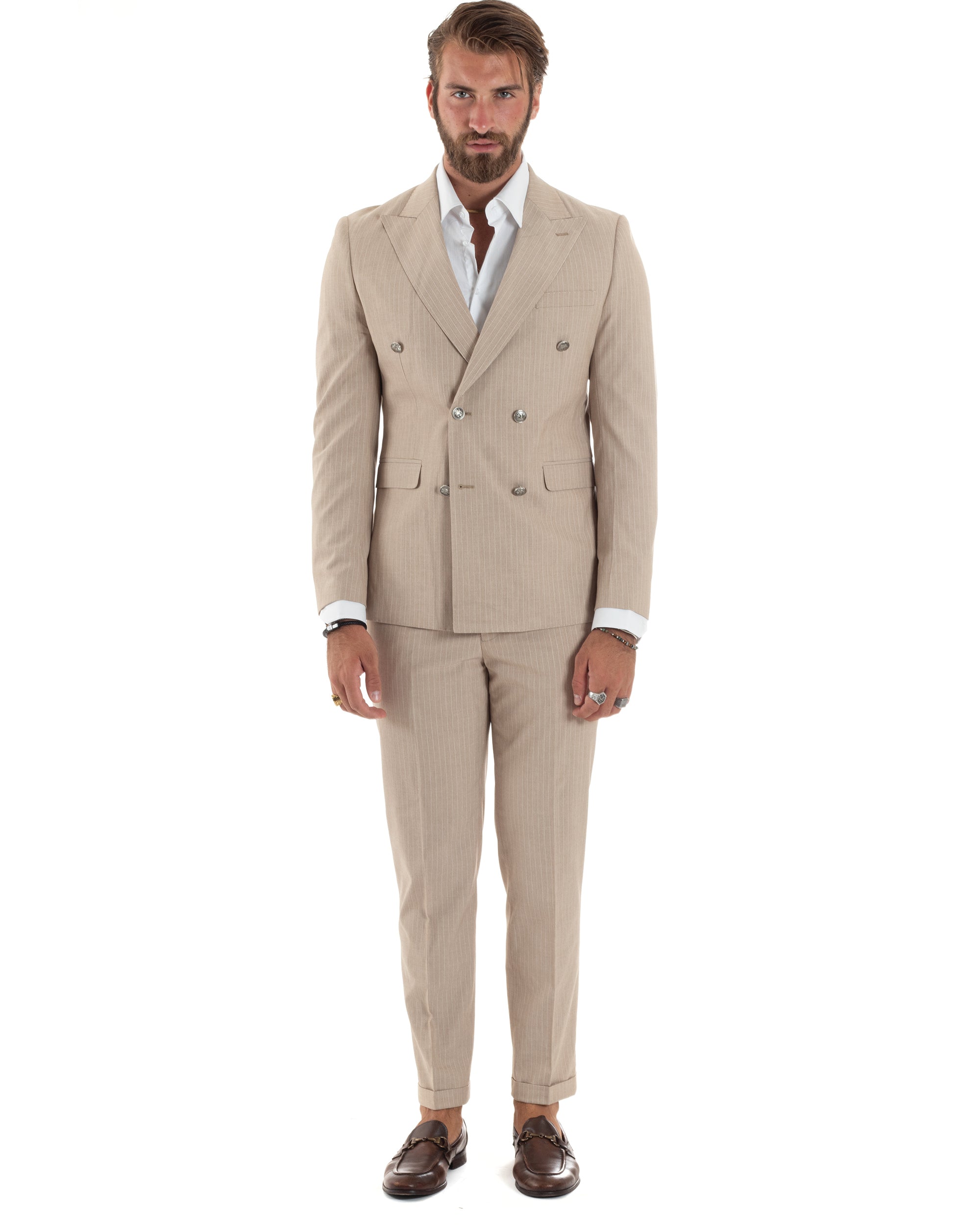 Abito Uomo Doppiopetto Vestito Completo Rigato Elegante Sartoriale Giacca Pantaloni Bottoni Metallo Fantasia Gessata Beige GIOSAL-AE1088A