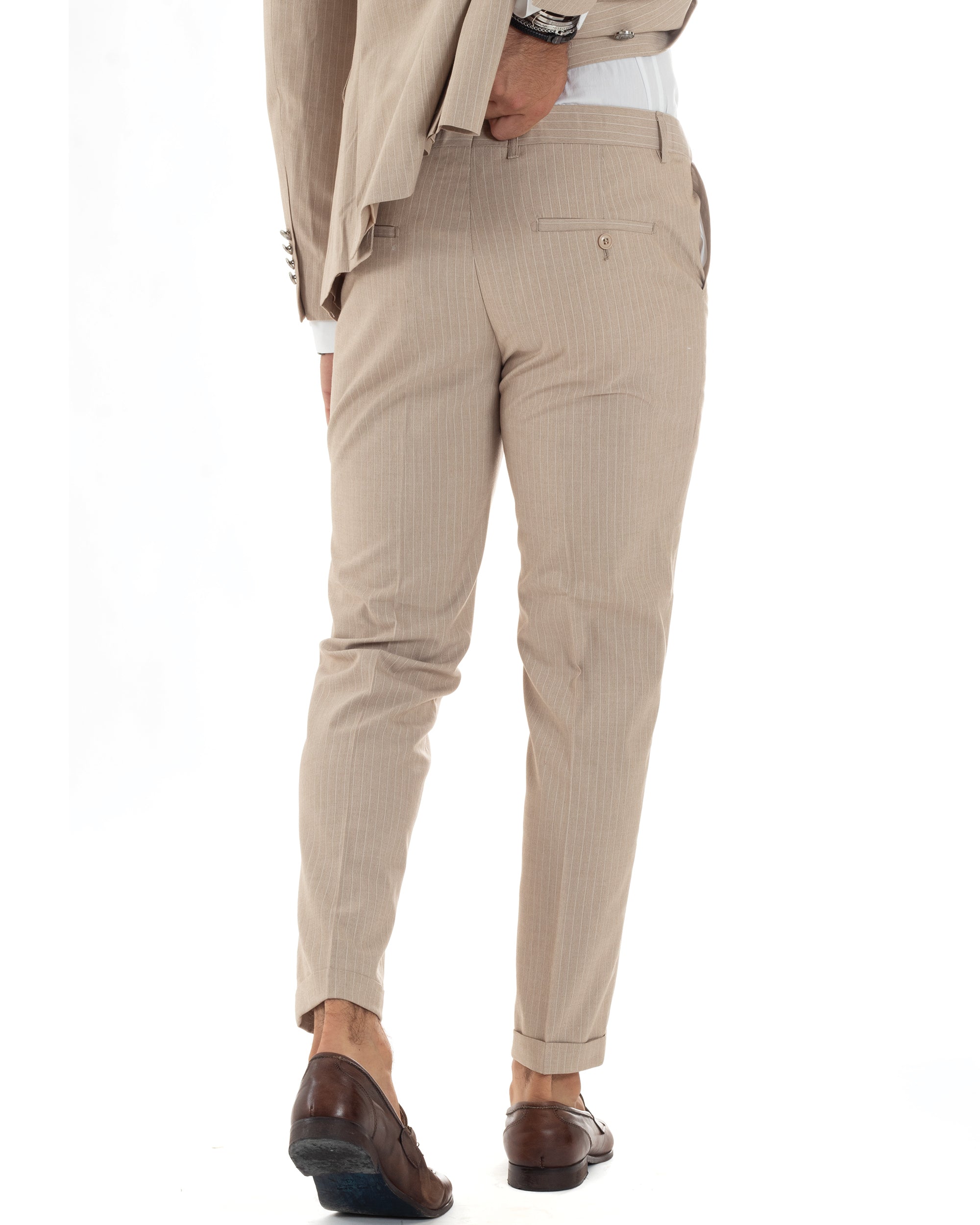 Abito Uomo Doppiopetto Vestito Completo Rigato Elegante Sartoriale Giacca Pantaloni Bottoni Metallo Fantasia Gessata Beige GIOSAL-AE1088A