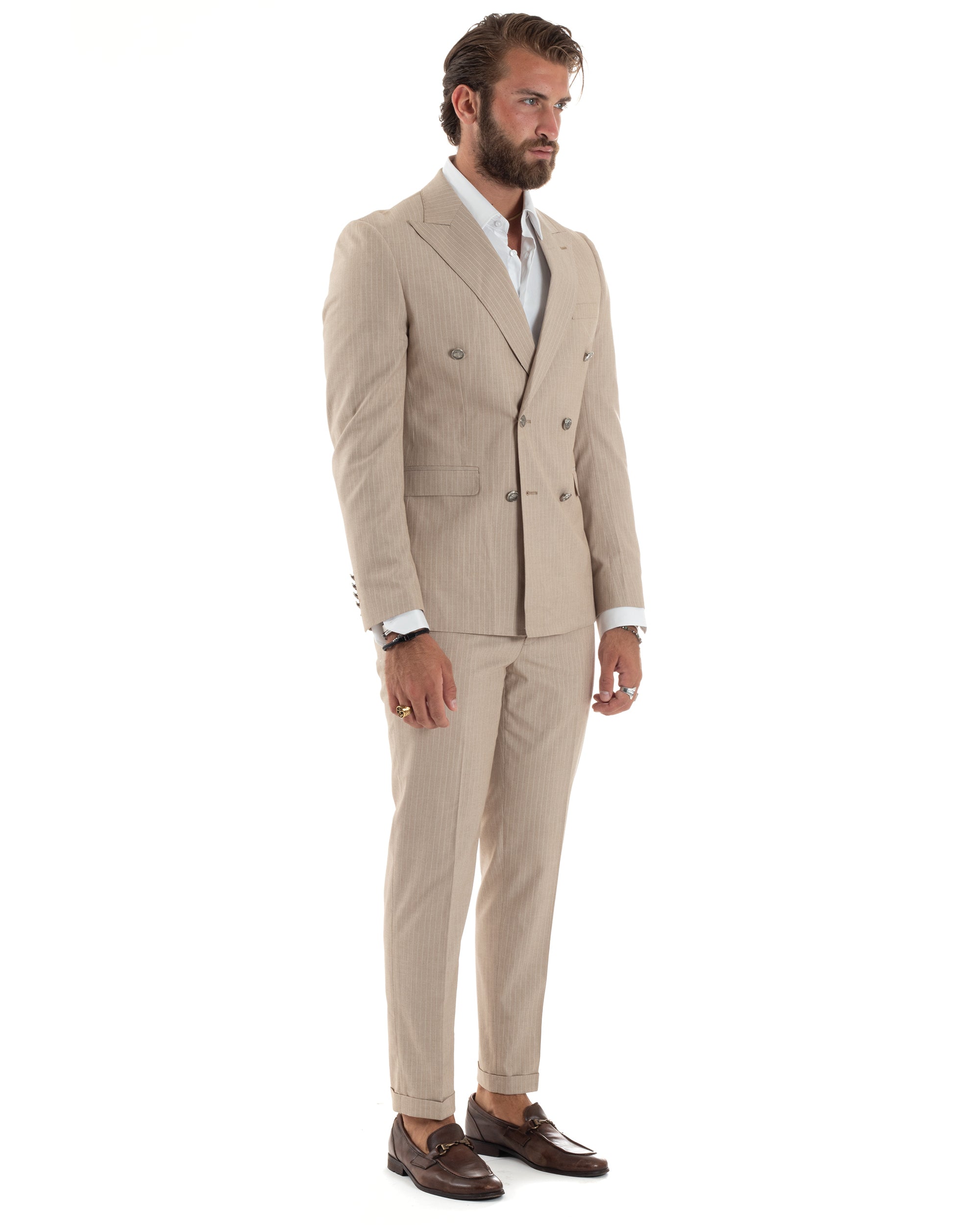 Abito Uomo Doppiopetto Vestito Completo Rigato Elegante Sartoriale Giacca Pantaloni Bottoni Metallo Fantasia Gessata Beige GIOSAL-AE1088A