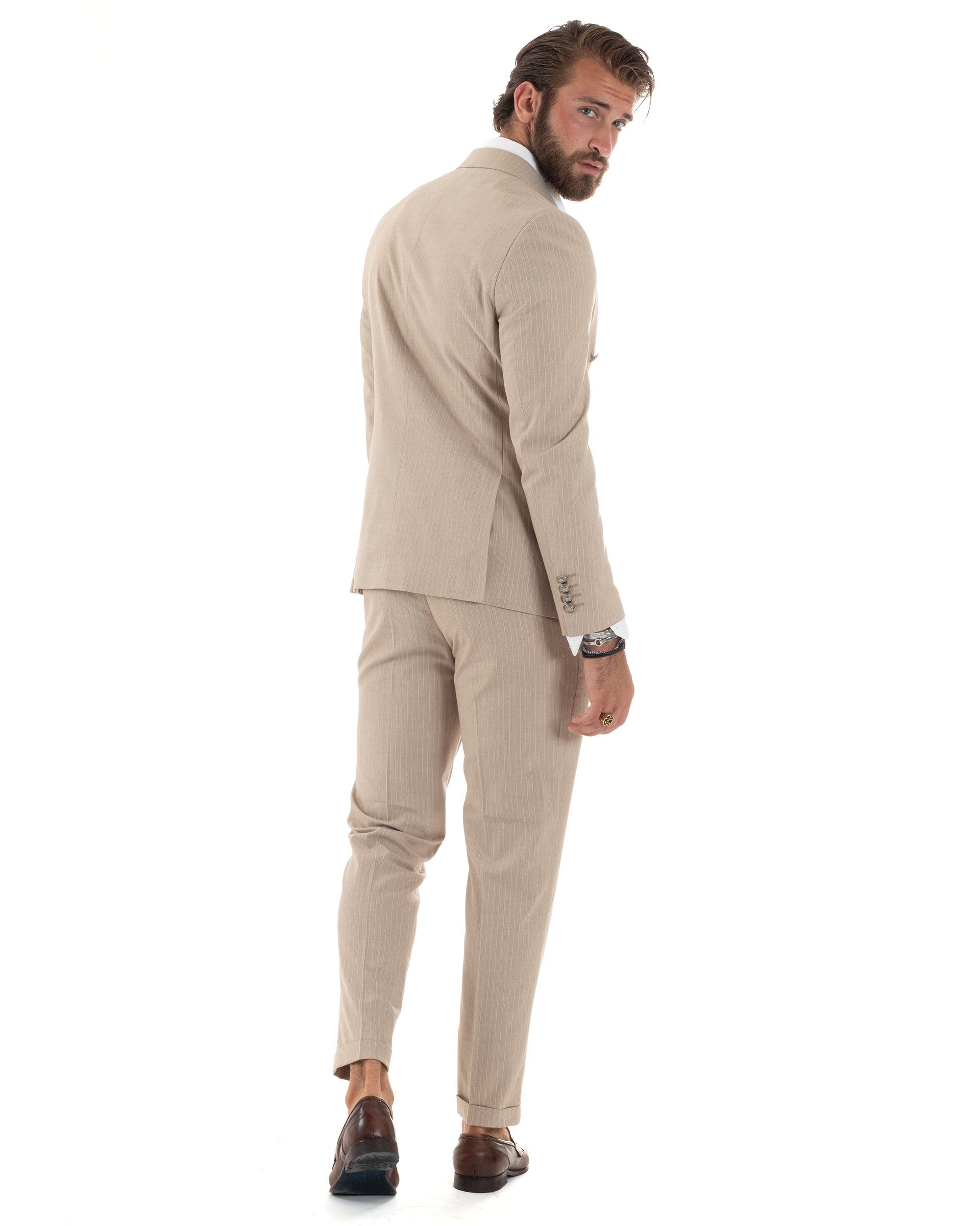 Abito Uomo Doppiopetto Vestito Completo Rigato Elegante Sartoriale Giacca Pantaloni Bottoni Metallo Fantasia Gessata Beige GIOSAL-AE1088A