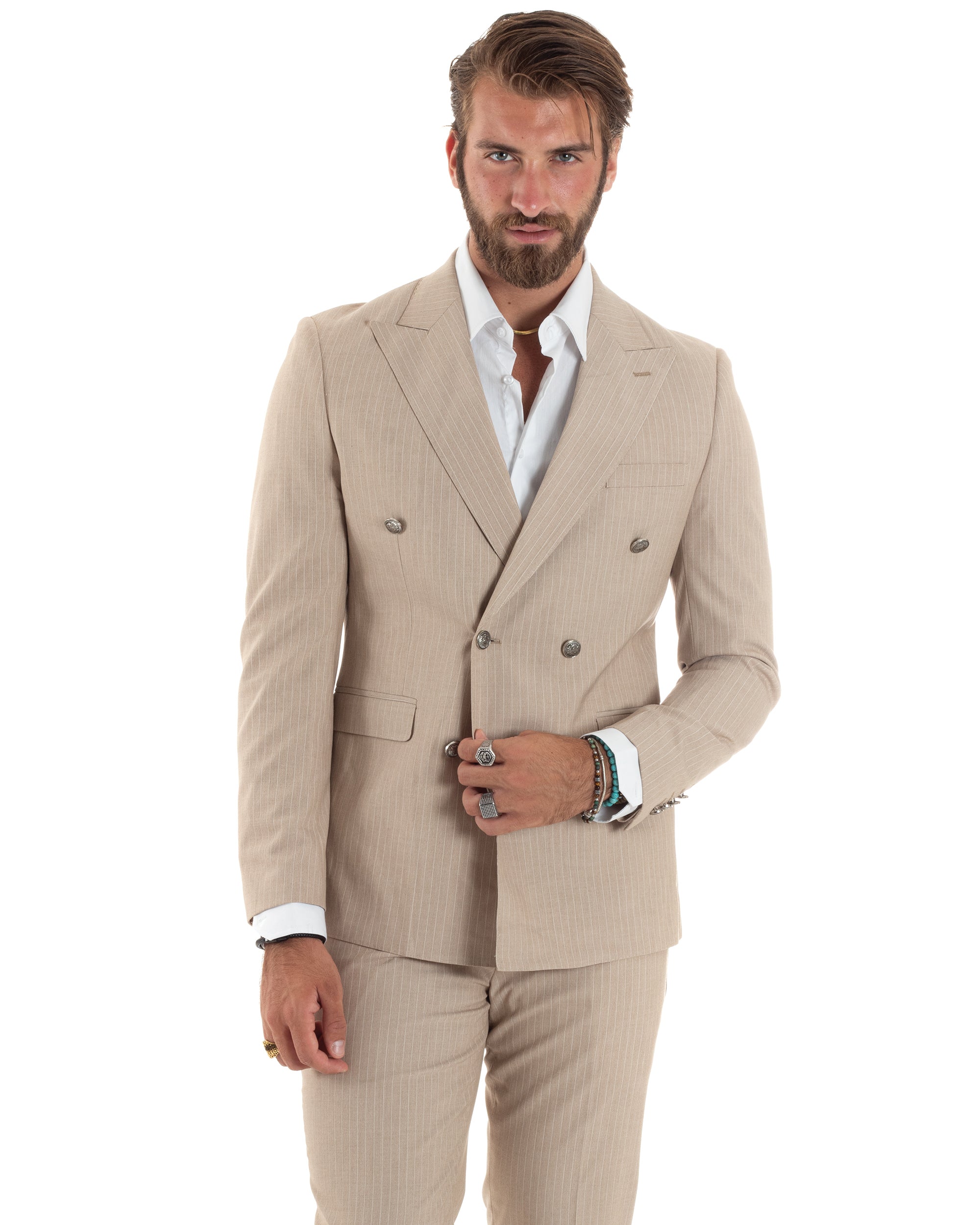 Abito Uomo Doppiopetto Vestito Completo Rigato Elegante Sartoriale Giacca Pantaloni Bottoni Metallo Fantasia Gessata Beige GIOSAL-AE1088A