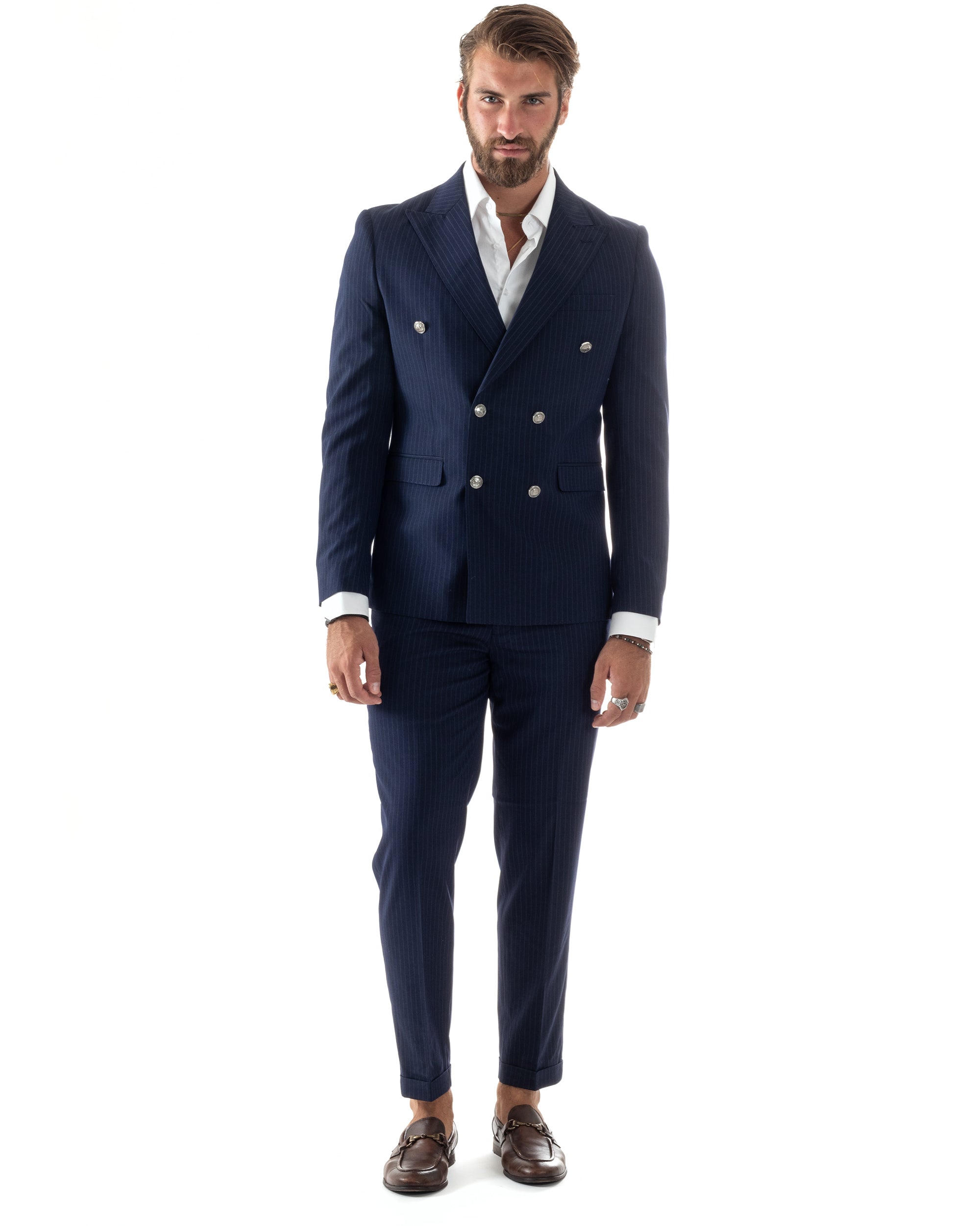 Abito Uomo Doppiopetto Vestito Completo Rigato Elegante Sartoriale Giacca Pantaloni Bottoni Metallo Fantasia Gessata Blu GIOSAL-AE1090A