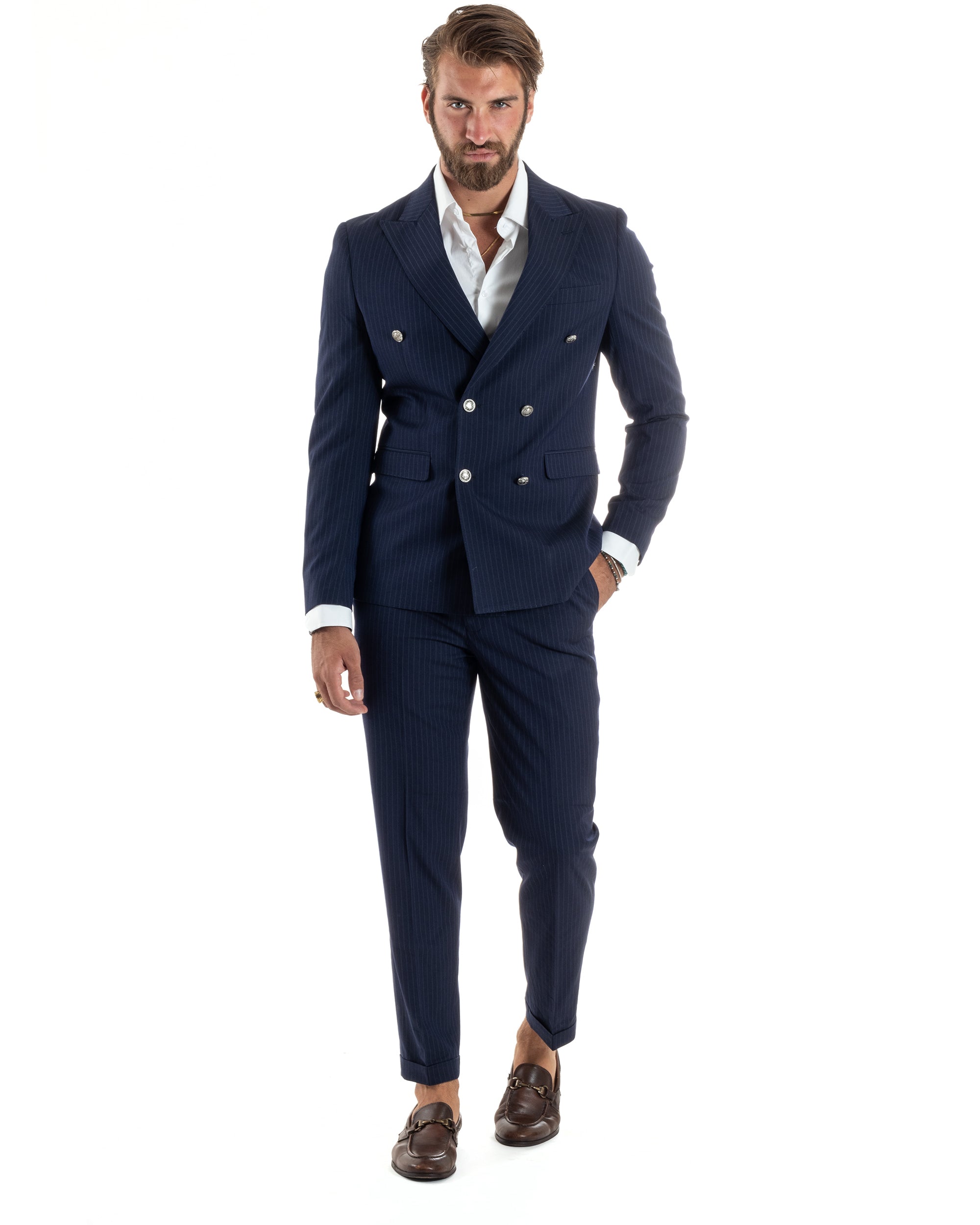 Abito Uomo Doppiopetto Vestito Completo Rigato Elegante Sartoriale Giacca Pantaloni Bottoni Metallo Fantasia Gessata Blu GIOSAL-AE1090A