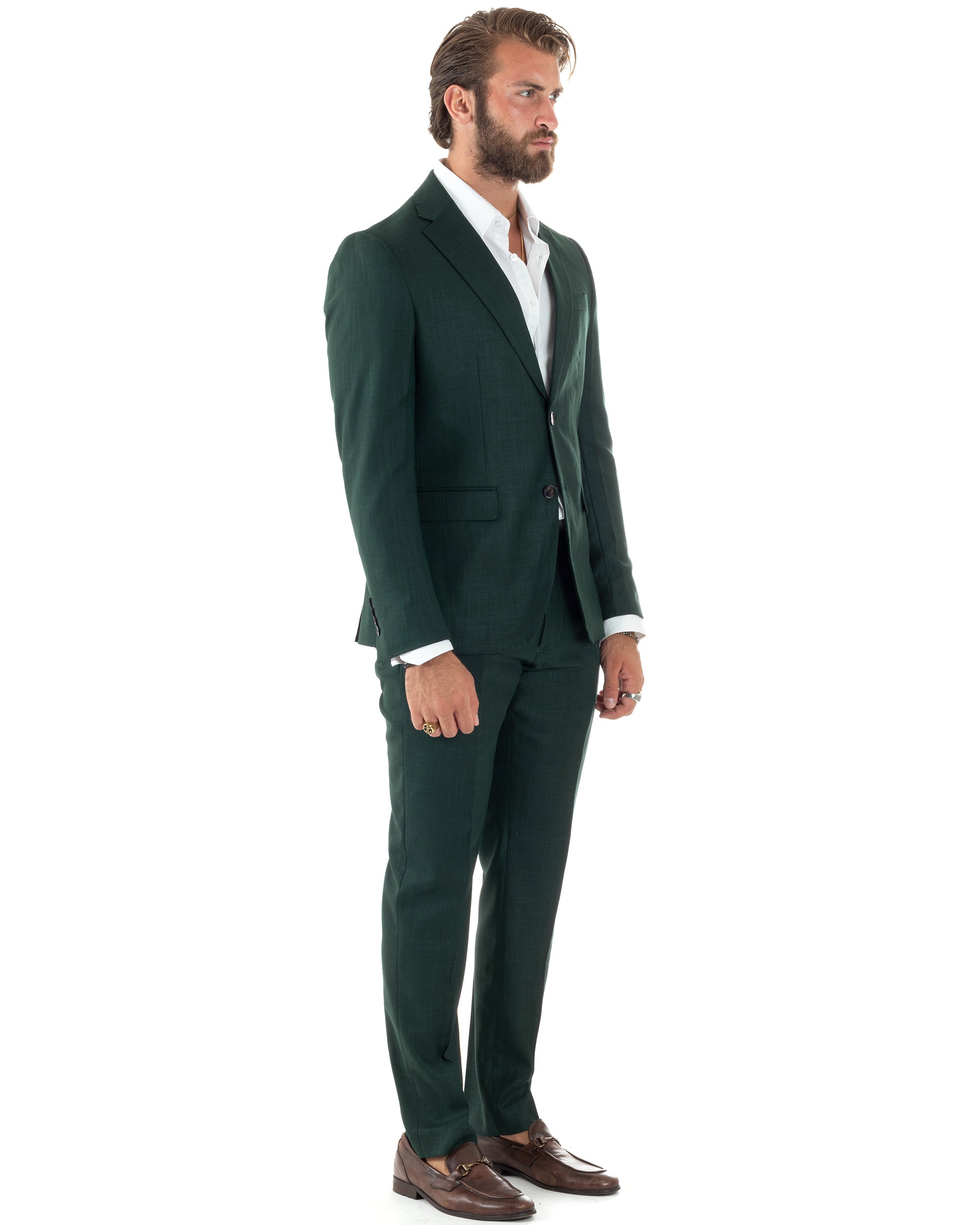 Abito Uomo Monopetto Vestito Viscosa Completo Giacca Pantaloni Verde Scuro Melangiato AE1091A