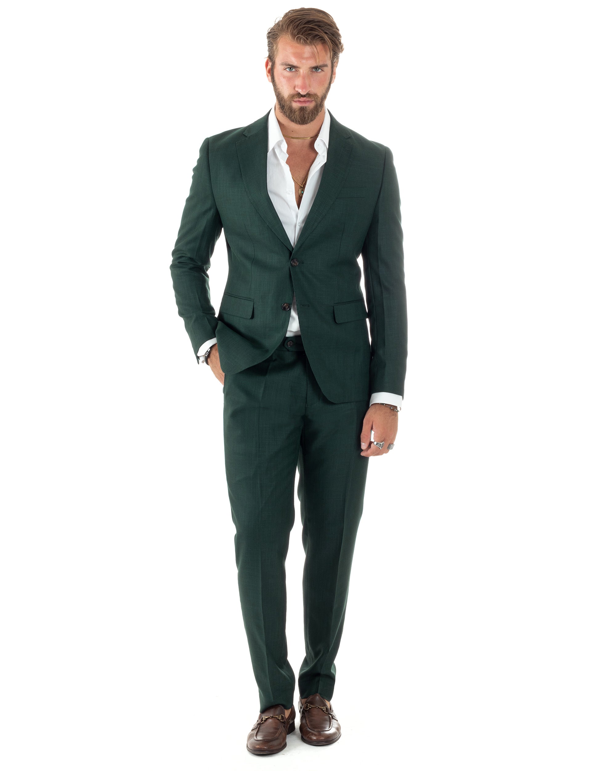 Abito Uomo Monopetto Vestito Viscosa Completo Giacca Pantaloni Verde Scuro Melangiato AE1091A