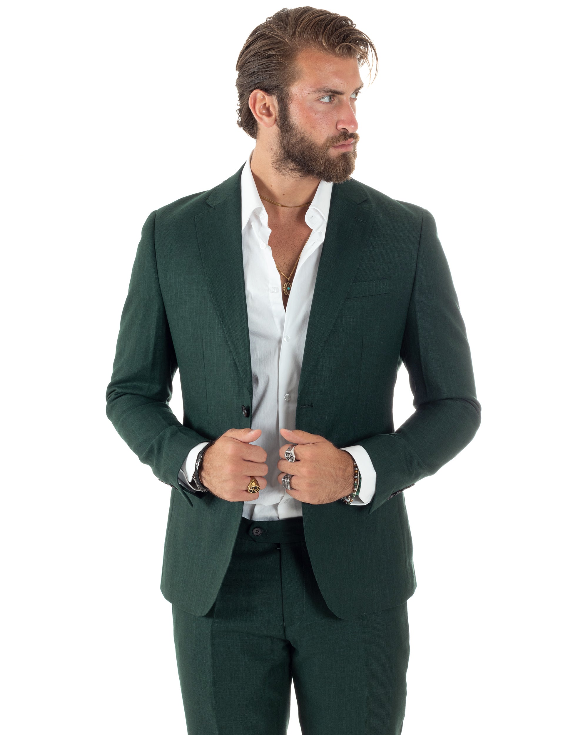 Abito Uomo Monopetto Vestito Viscosa Completo Giacca Pantaloni Verde Scuro Melangiato AE1091A