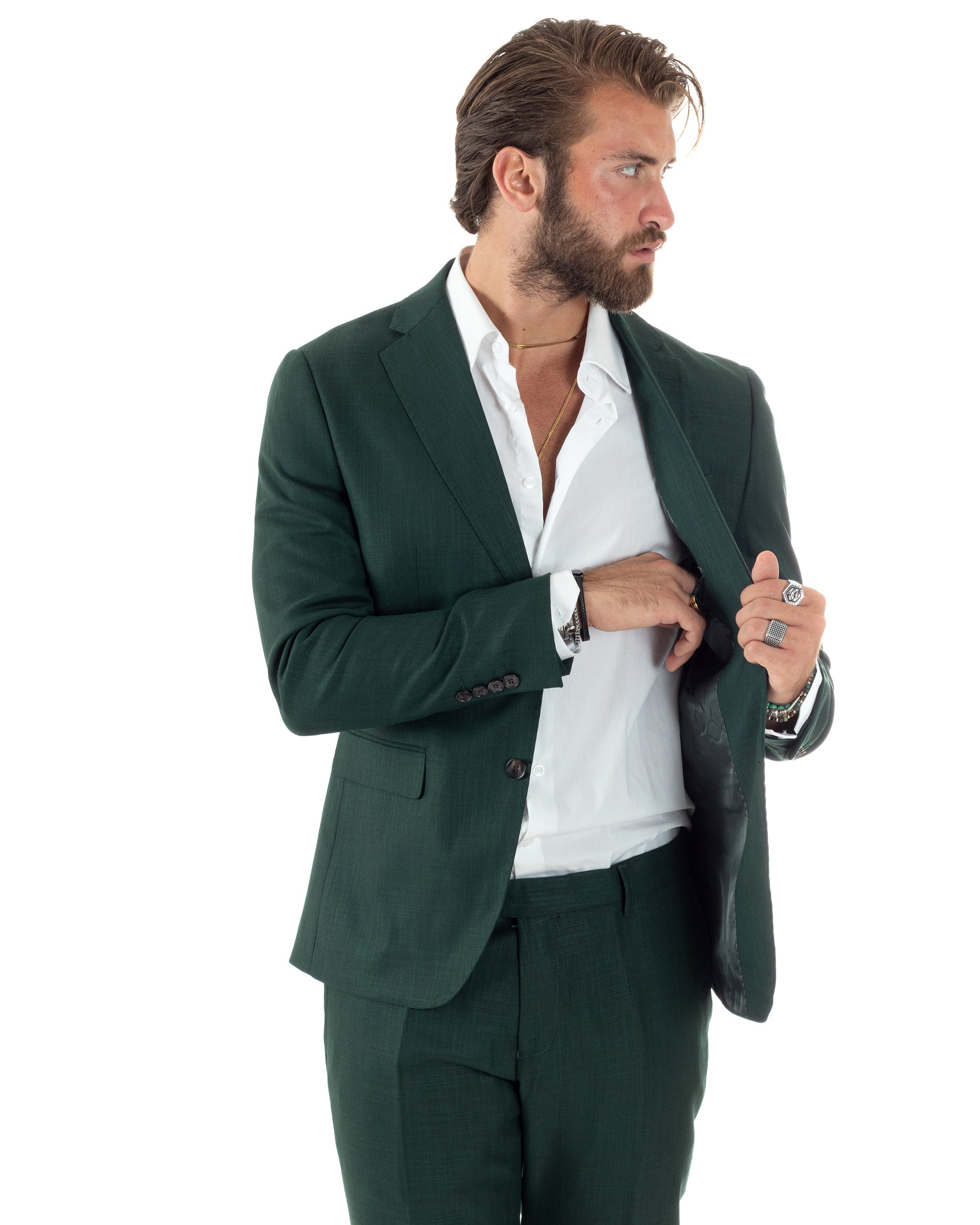 Abito Uomo Monopetto Vestito Viscosa Completo Giacca Pantaloni Verde Scuro Melangiato AE1091A