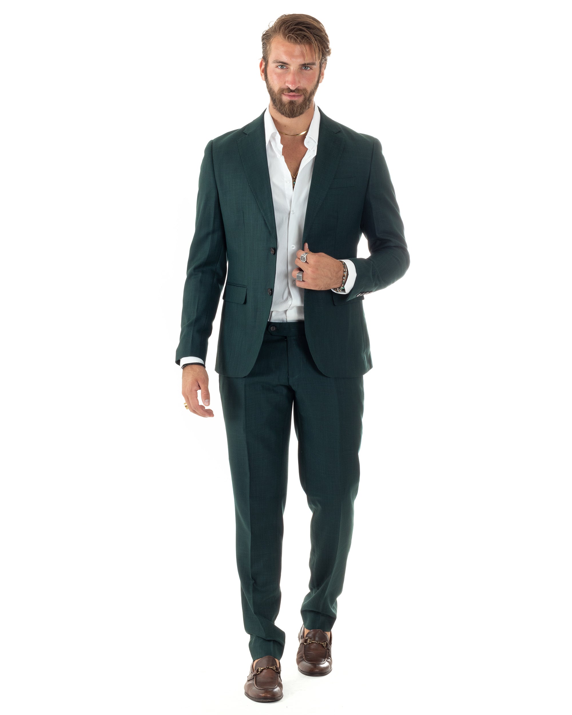 Abito Uomo Monopetto Vestito Completo Giacca Pantaloni Verde Melangiato Elegante Casual GIOSAL-AE1091A