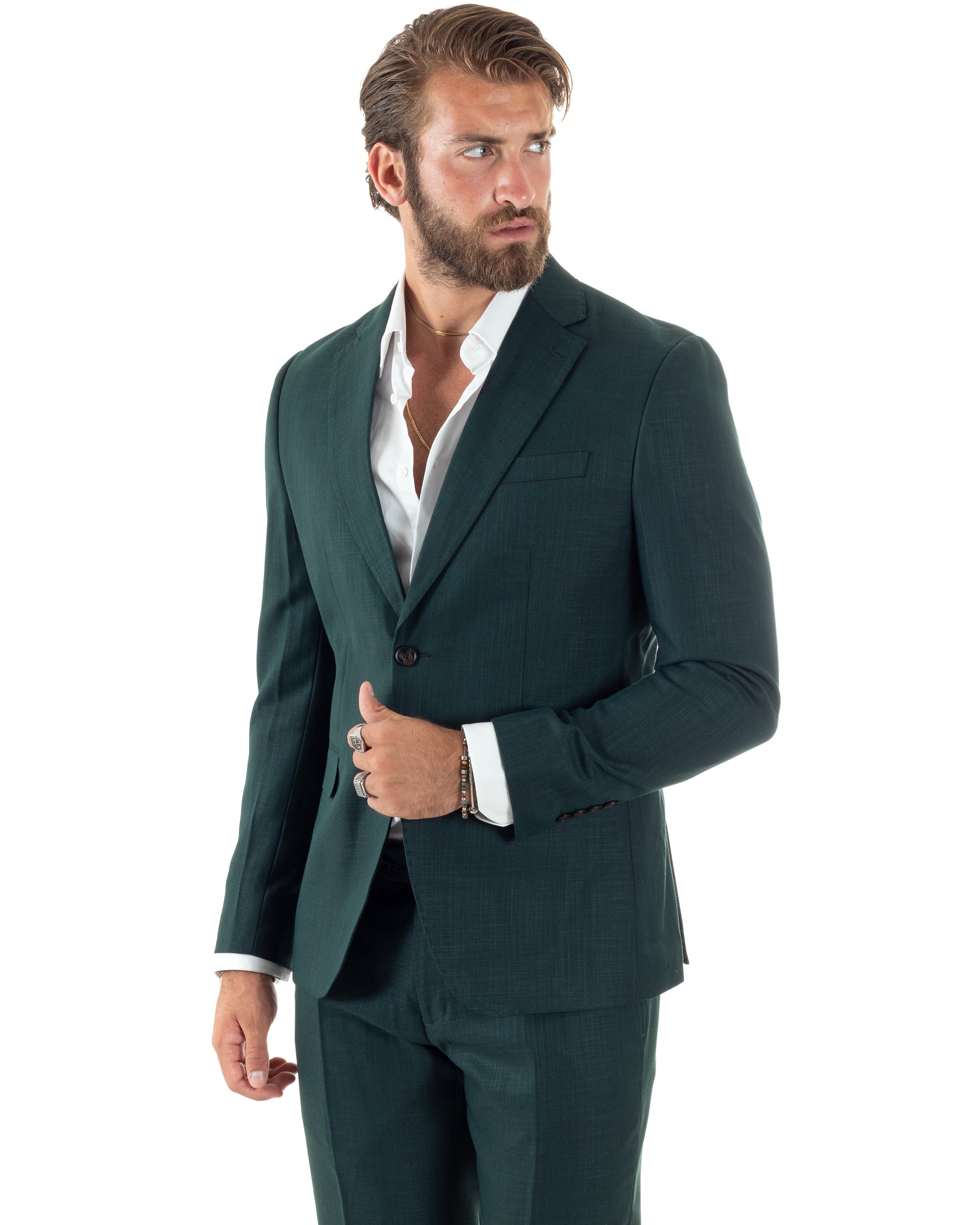 Abito Uomo Monopetto Vestito Completo Giacca Pantaloni Verde Melangiato Elegante Casual GIOSAL-AE1091A