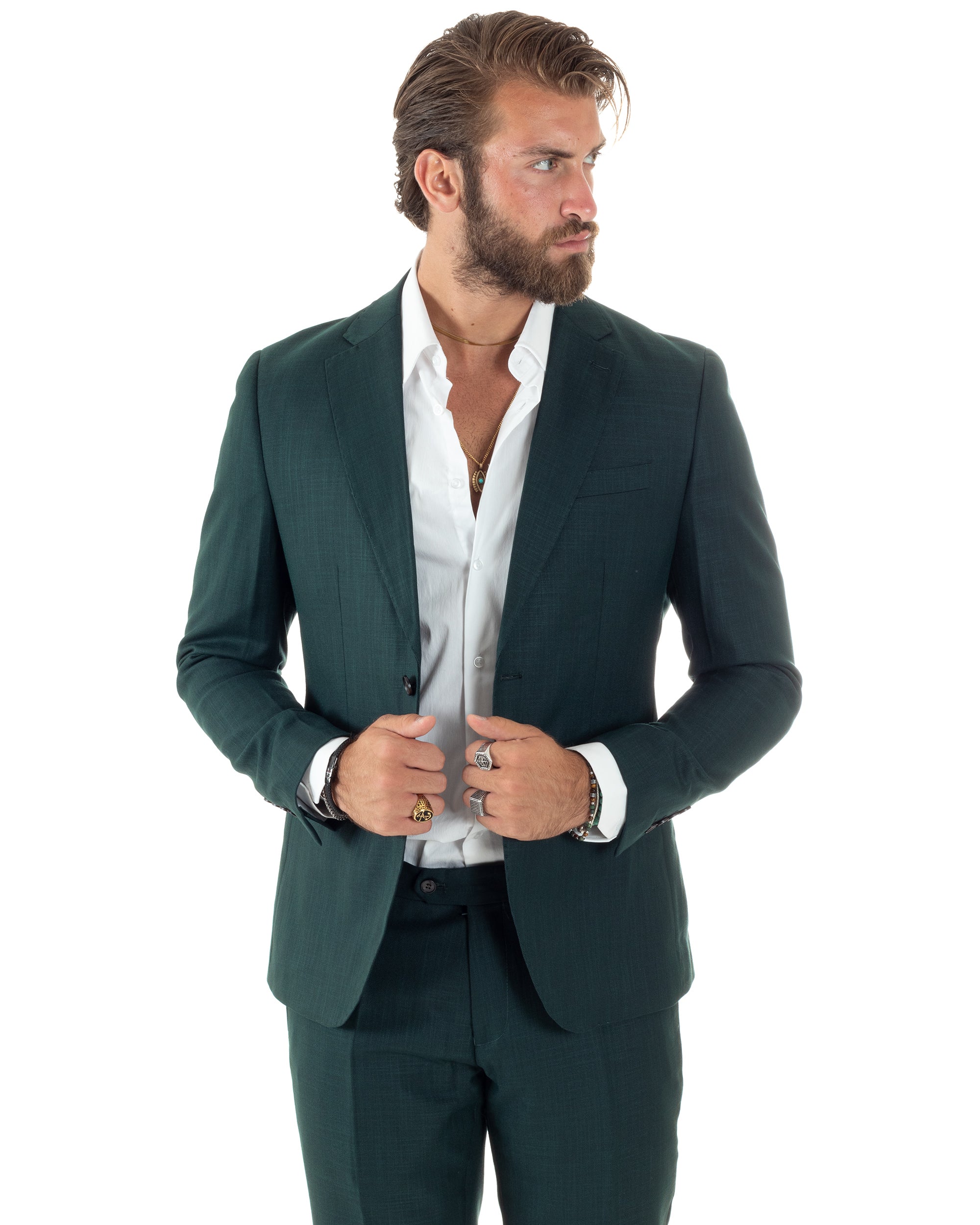 Abito Uomo Monopetto Vestito Completo Giacca Pantaloni Verde Melangiato Elegante Casual GIOSAL-AE1091A