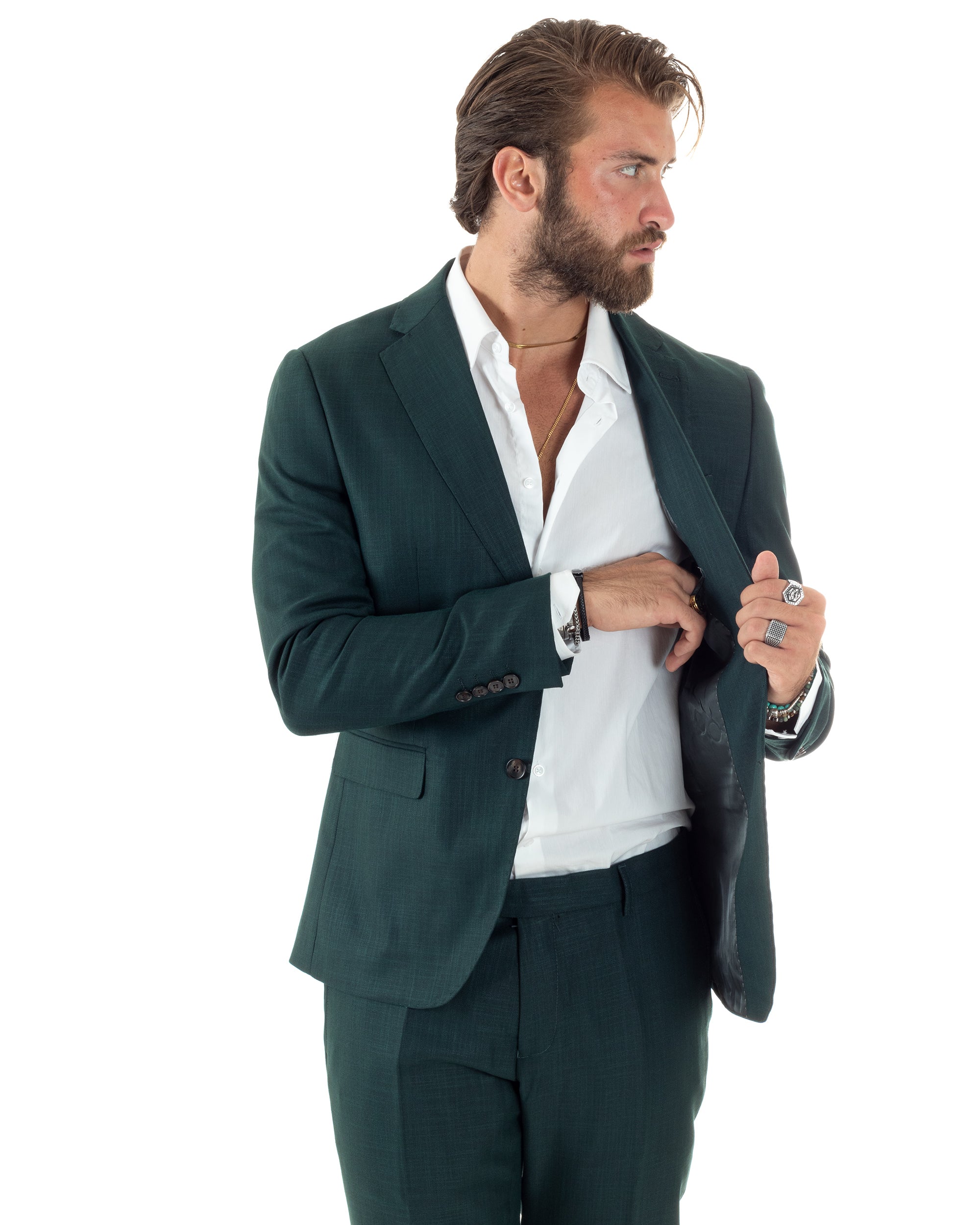 Abito Uomo Monopetto Vestito Completo Giacca Pantaloni Verde Melangiato Elegante Casual GIOSAL-AE1091A