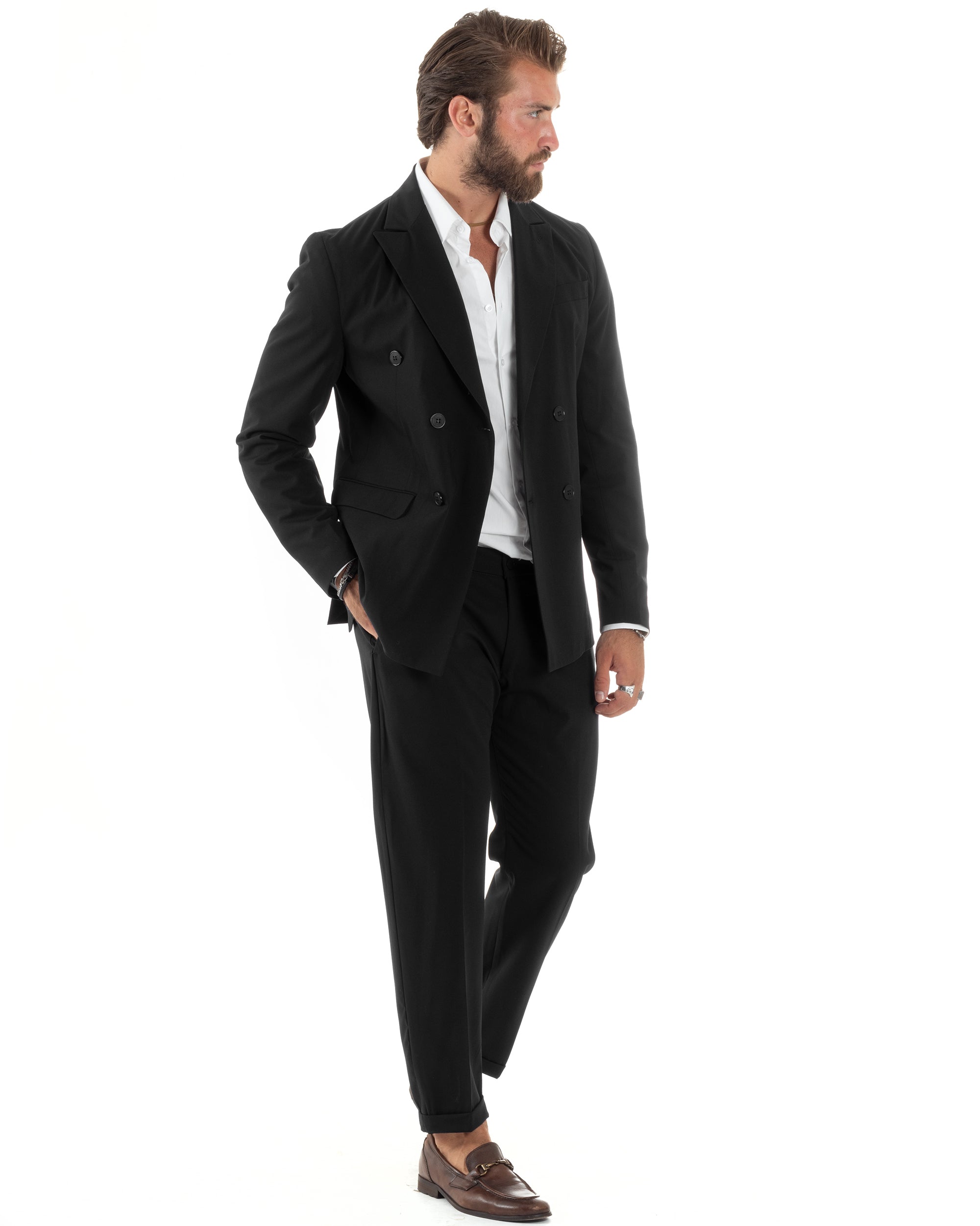 Abito Uomo Doppiopetto Vestito Sartoriale Elegante Completo Giacca Pantaloni Casual Tinta Unita Nero GIOSAL-AE1092A