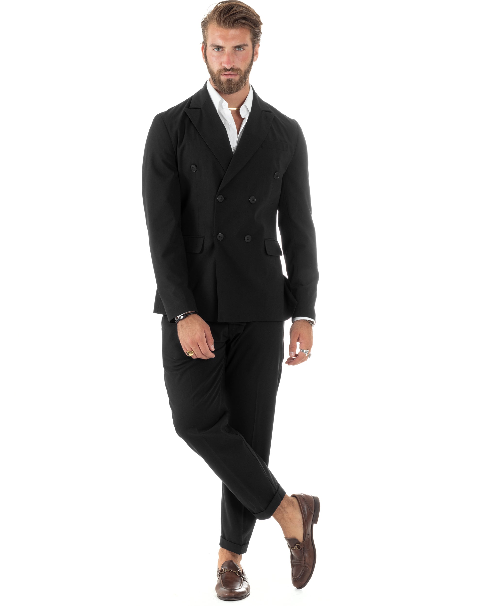 Abito Uomo Doppiopetto Vestito Sartoriale Elegante Completo Giacca Pantaloni Casual Tinta Unita Nero GIOSAL-AE1092A