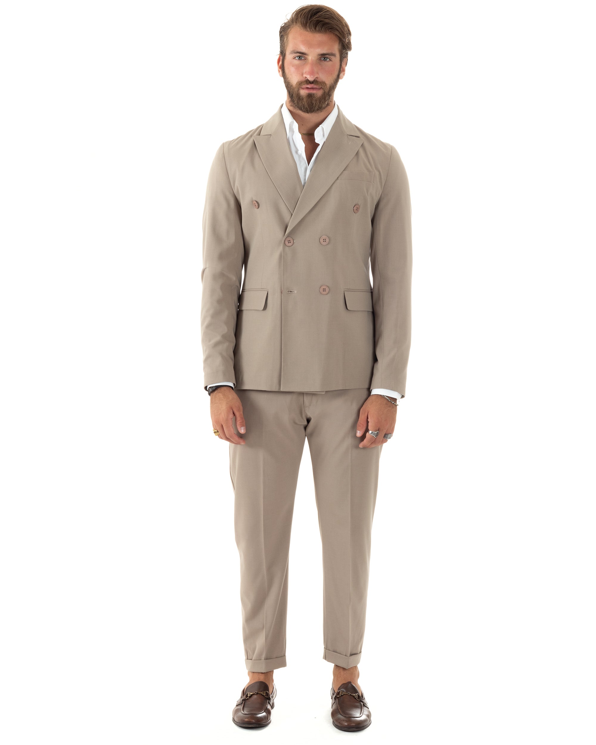 Abito Uomo Doppiopetto Vestito Sartoriale Elegante Completo Giacca Pantaloni Casual Tinta Unita Beige GIOSAL-AE1093A